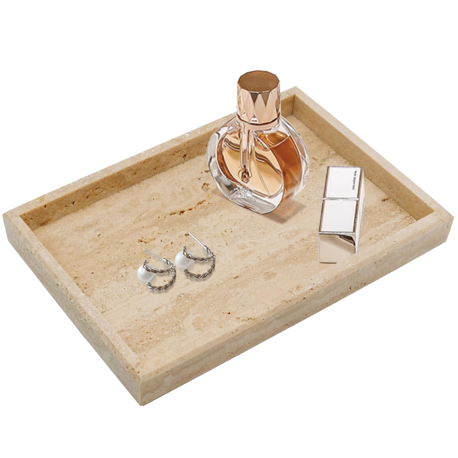 Natural Travertine Stone Tray - Rectangle Bathroom Vanity Organizer for Jewelry, Cosmetics & Perfume | Kitchen & Desktop Decorative Tray for Candles, Lotion & Home Decor | Perfect for Spa Days, Wedding Gifts & Luxury Bathroom Storage