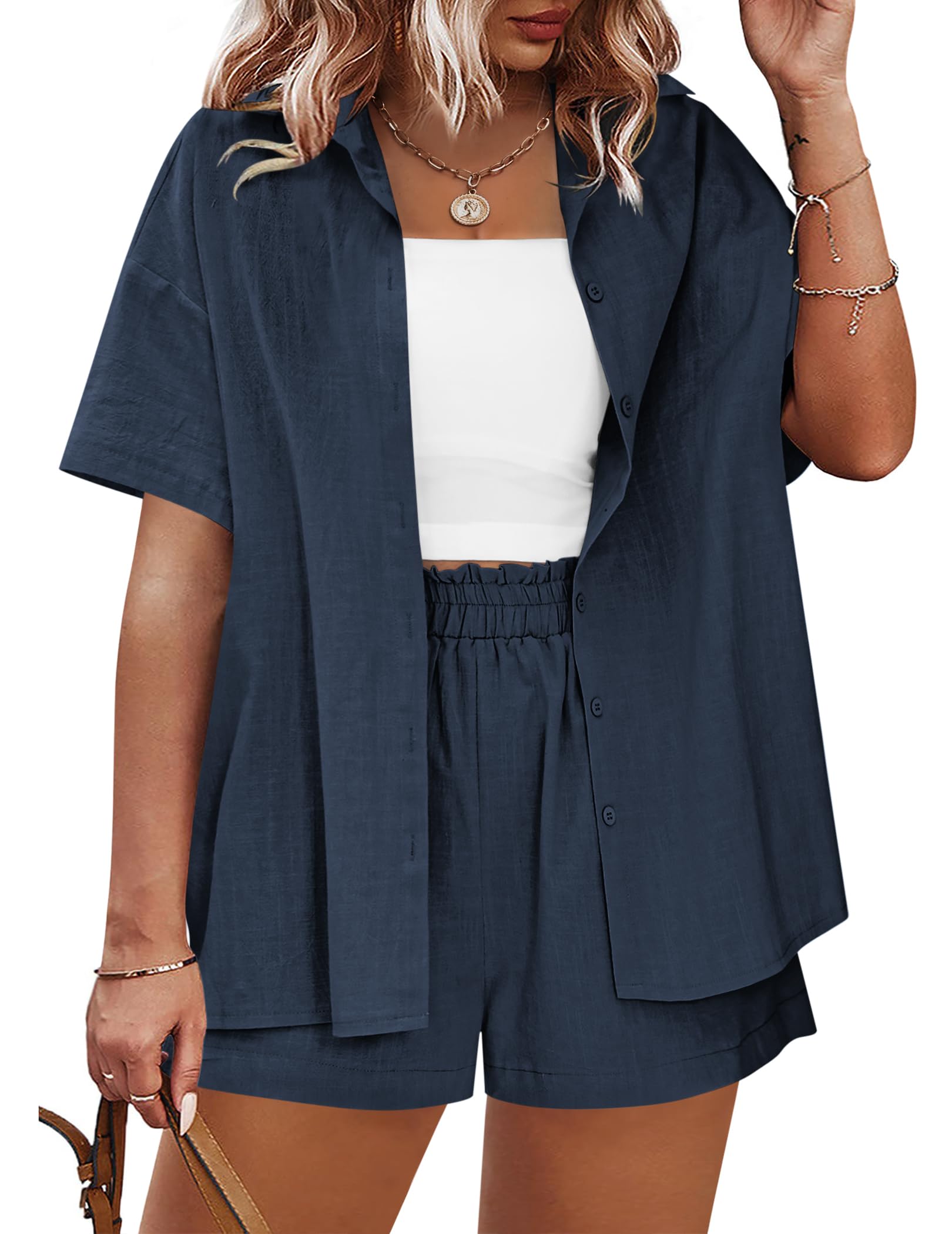 IN'VOLAND Women's Plus Size 2 Piece Tracksuit Outfits - Cotton Linen Short Sleeve Shirt & Casual Shorts Set for Summer | Lounge Wear, Vacation Outfit, Street Style Fashion