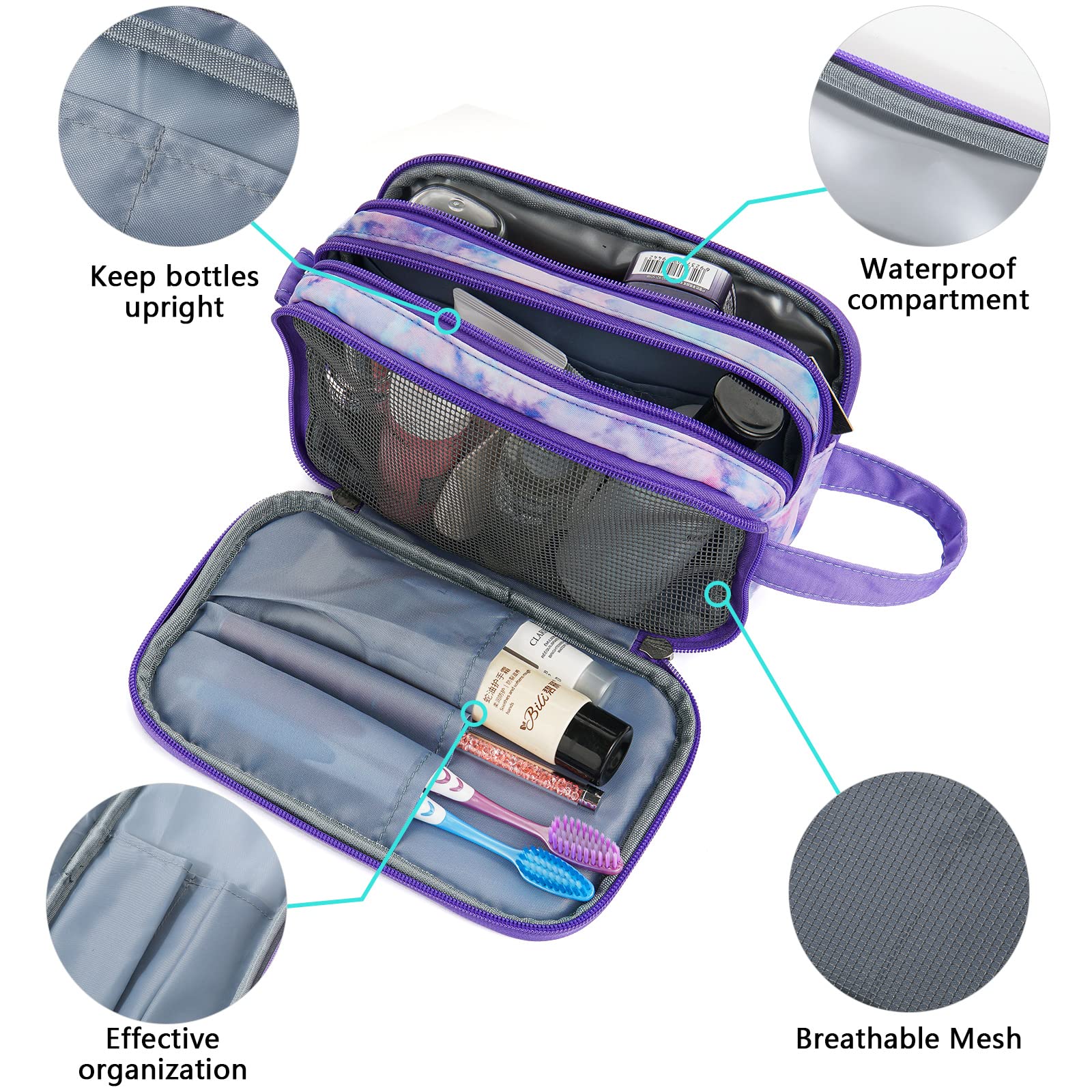 Waterproof Tie Dye Purple Travel Toiletry Bag for Girls & Teens - Hanging Cosmetic Makeup Organizer for Bathroom, School, Camping & Vacation Essentials