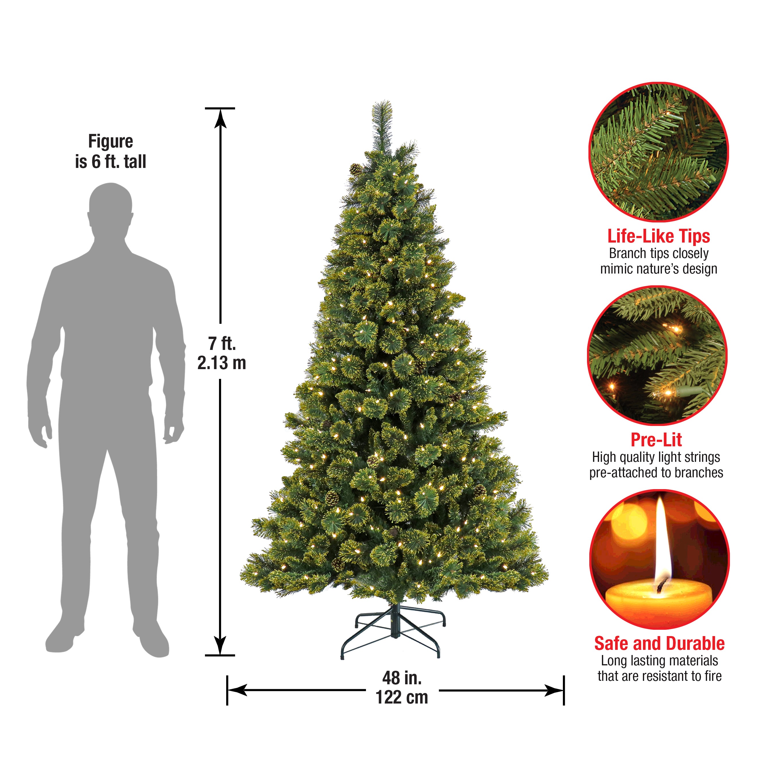 7 ft. Pre-Lit Maine Pine Artificial Christmas Tree with 500 Warm White LED Lights - Perfect for Living Room, Office, and Holiday Decorations