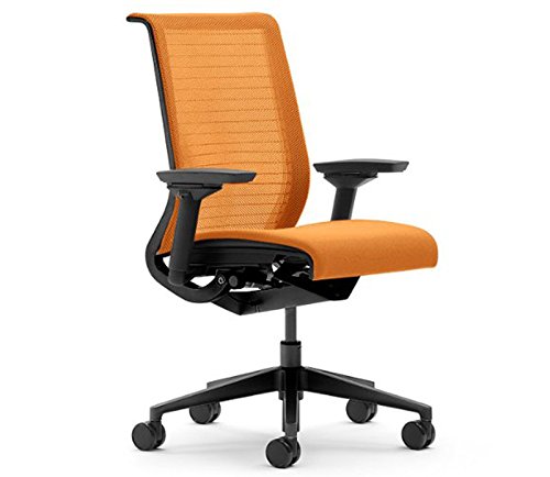 Steelcase Think 3D Knit Ergonomic Office Chair - Black Frame with 4-Way Adjustable Arms, Fixed Lumbar Support & Tangerine Fabric - Hard Floor Casters for Home Office, Workspace & Conference Room Use