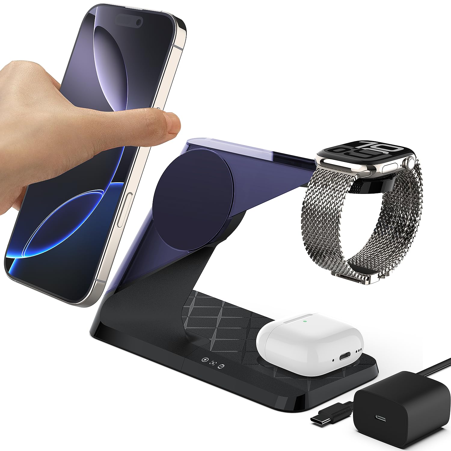 3-in-1 Magnetic Wireless Charging Station for iPhone 16/15/14/13/12 Series, AirPods & Apple Watch - Fast Qi-Certified MagSafe Charger Stand with Nightstand Mode for Bedroom, Office & Travel