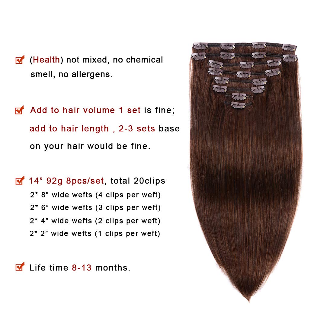 Premium 8-Piece Clip-In Human Hair Extensions - Medium Brown (#4) 14