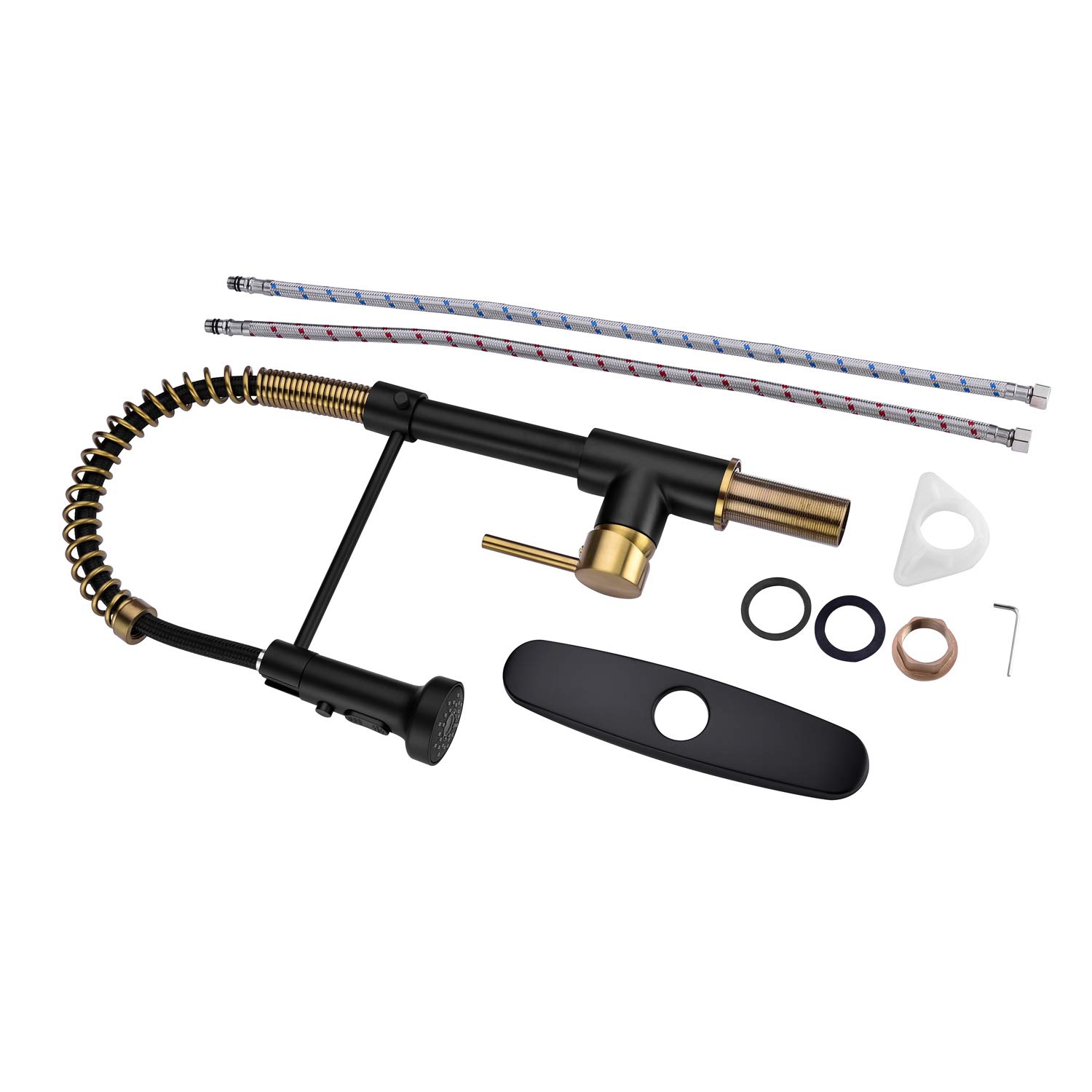 Black and Gold Kitchen Faucet with Pull Down Sprayer - Single Handle Spring Design for RV, Farmhouse & Laundry Sink - High Arc Spout for Easy Washing & Cleaning - Perfect for Modern Kitchens, Campers & Utility Rooms