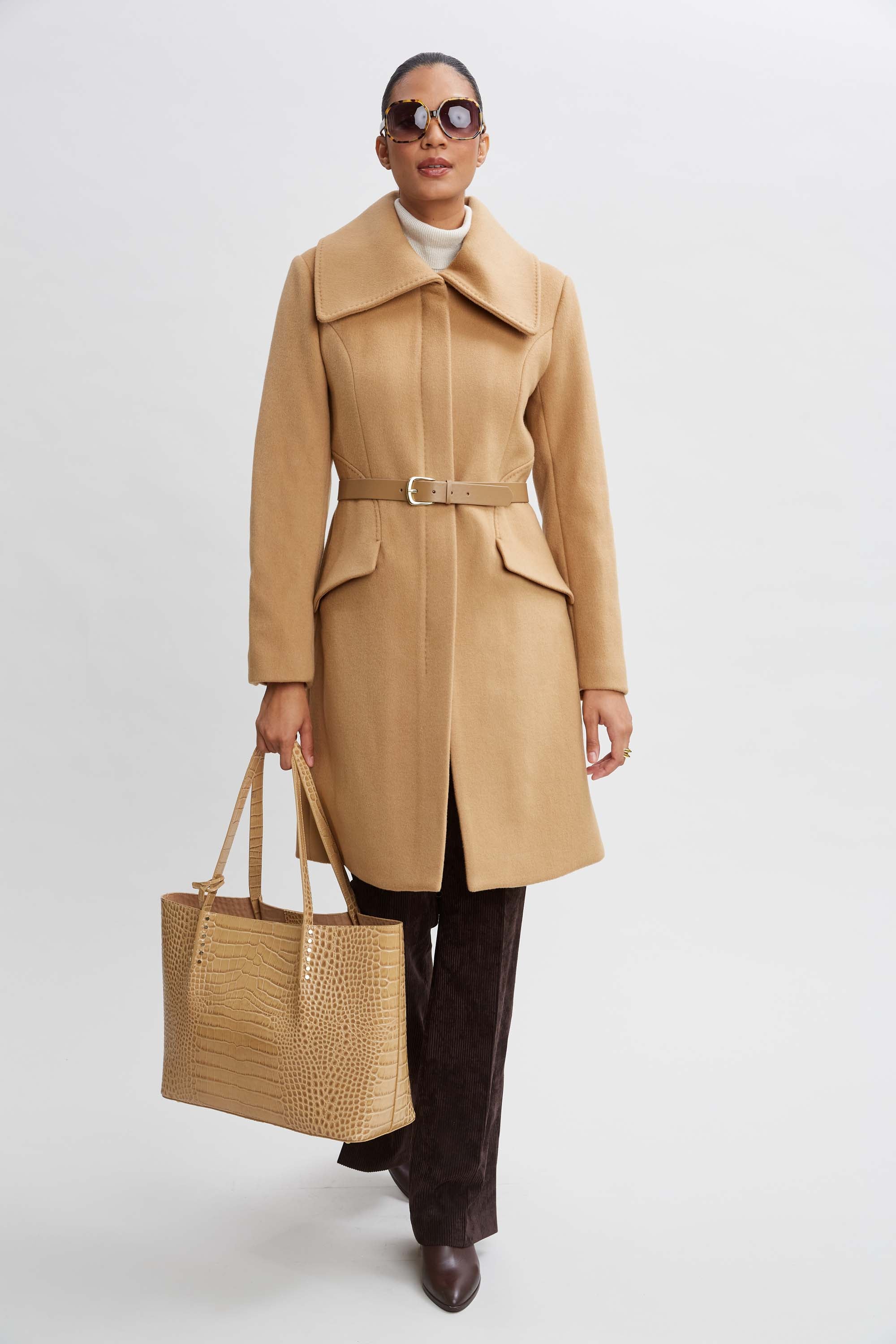 Wool Belted Panel Coat for Women - Stylish Winter Trench Coat with Adjustable Waist Belt - Perfect for Office, Travel & Formal Occasions