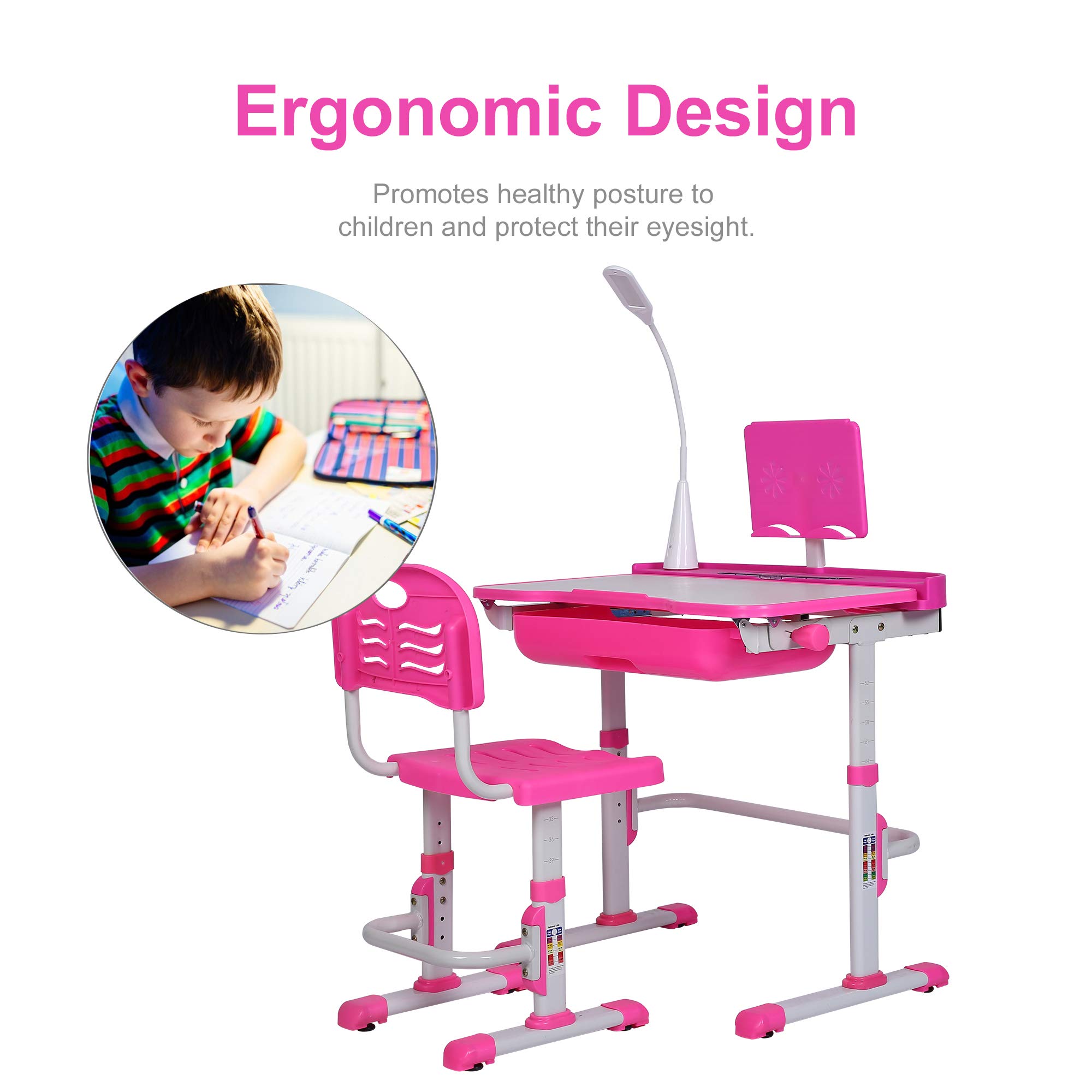Adjustable Kids Desk and Chair Set with LED Light & Storage Drawer - Ergonomic Study Table for Children, Tilt Desktop & Book Stand - Perfect for Homework, Drawing & Online Learning (Pink)