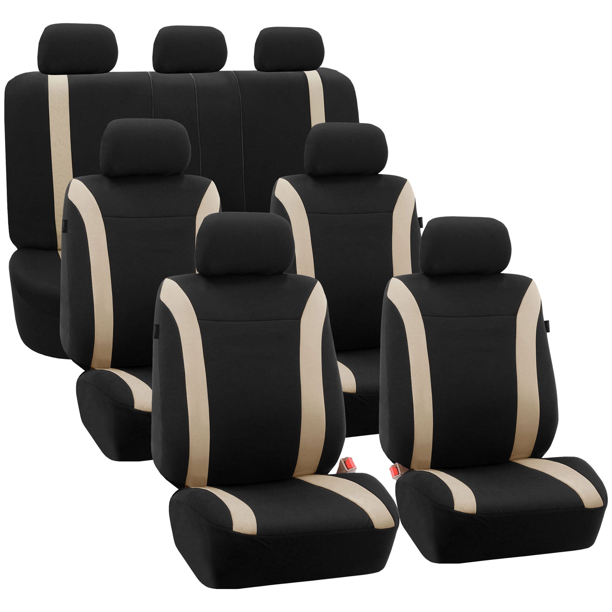 FH Group Universal 3-Row Beige Automotive Seat Covers - Airbag Compatible Split Rear Design for Cars, Trucks & SUVs | Premium Interior Accessories for Comfort & Protection | Perfect for Road Trips, Family Travel & Daily Commute