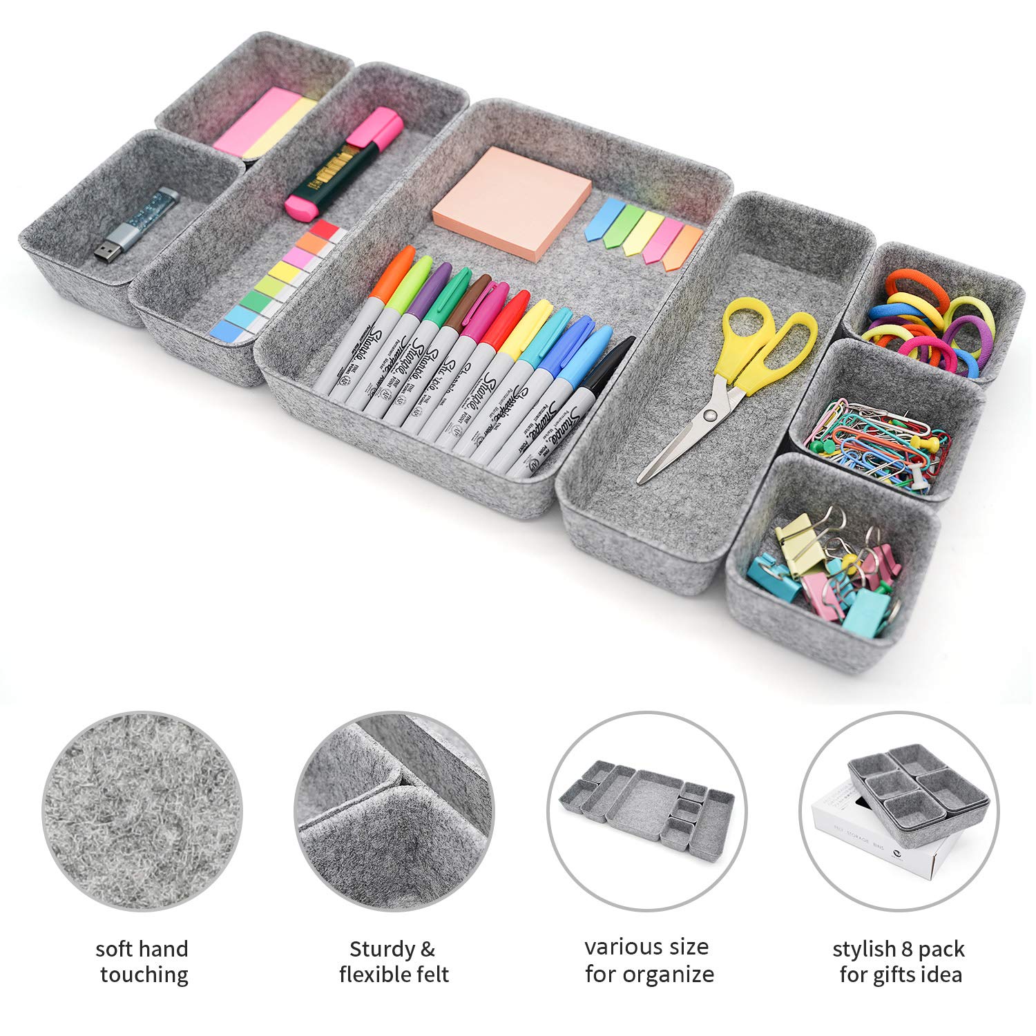 Welaxy 8-Pack Gray Felt Drawer Organizer Trays - Sturdy & Flexible Storage Bins for Office, Jewelry, Makeup, Crafts, Silverware & Tools | Perfect for Home, Office & Travel Organization