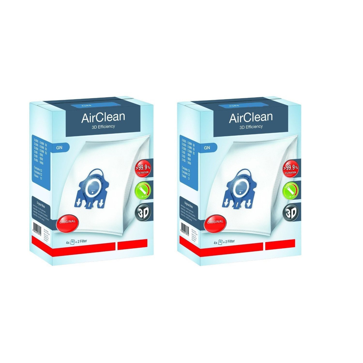 Miele GN AirClean 3D Efficiency Vacuum Bags - 4 Pack with 2 Filters - Compatible with Miele Classic C1, Complete C2/C3 & S2/S5/S8 Series - Model 10123210 - Perfect for Pet Hair, Allergies & Deep Home Cleaning