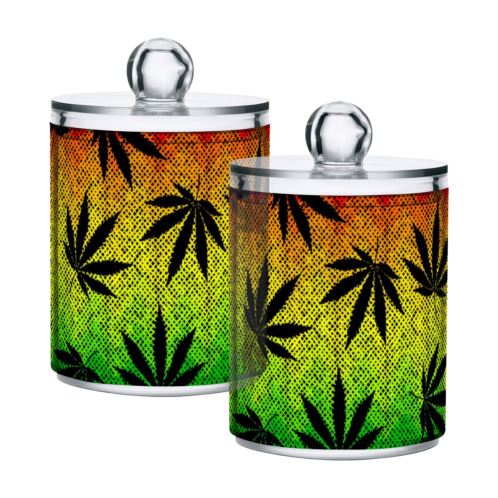 Grunge Black Hemp Marijuana Leaf Design Rainbow Plastic Storage Jars with Lids - Set of 4 (10oz Translucent Food Containers) | Perfect for Tea, Cookies, Cotton Swabs & Kitchen Organization