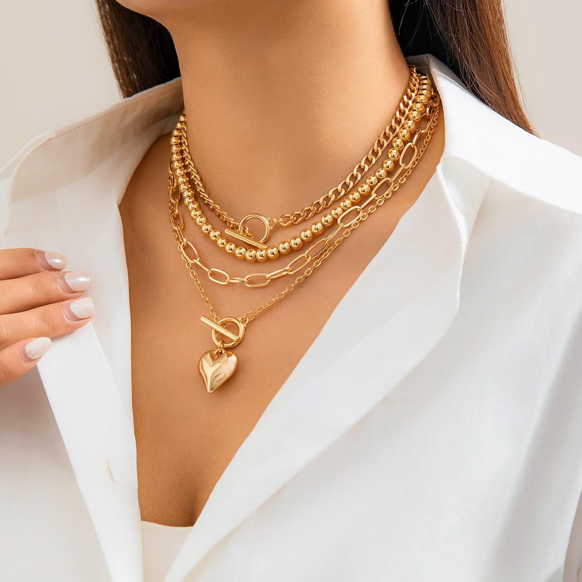 4pcs Layered Gold Necklaces for Women - Chunky Herringbone & Paperclip Chain Necklace Set with Retro Coin Medallion Pendant | Trendy Jewelry Gift for Teen Girls, Mothers Day & Everyday Wear