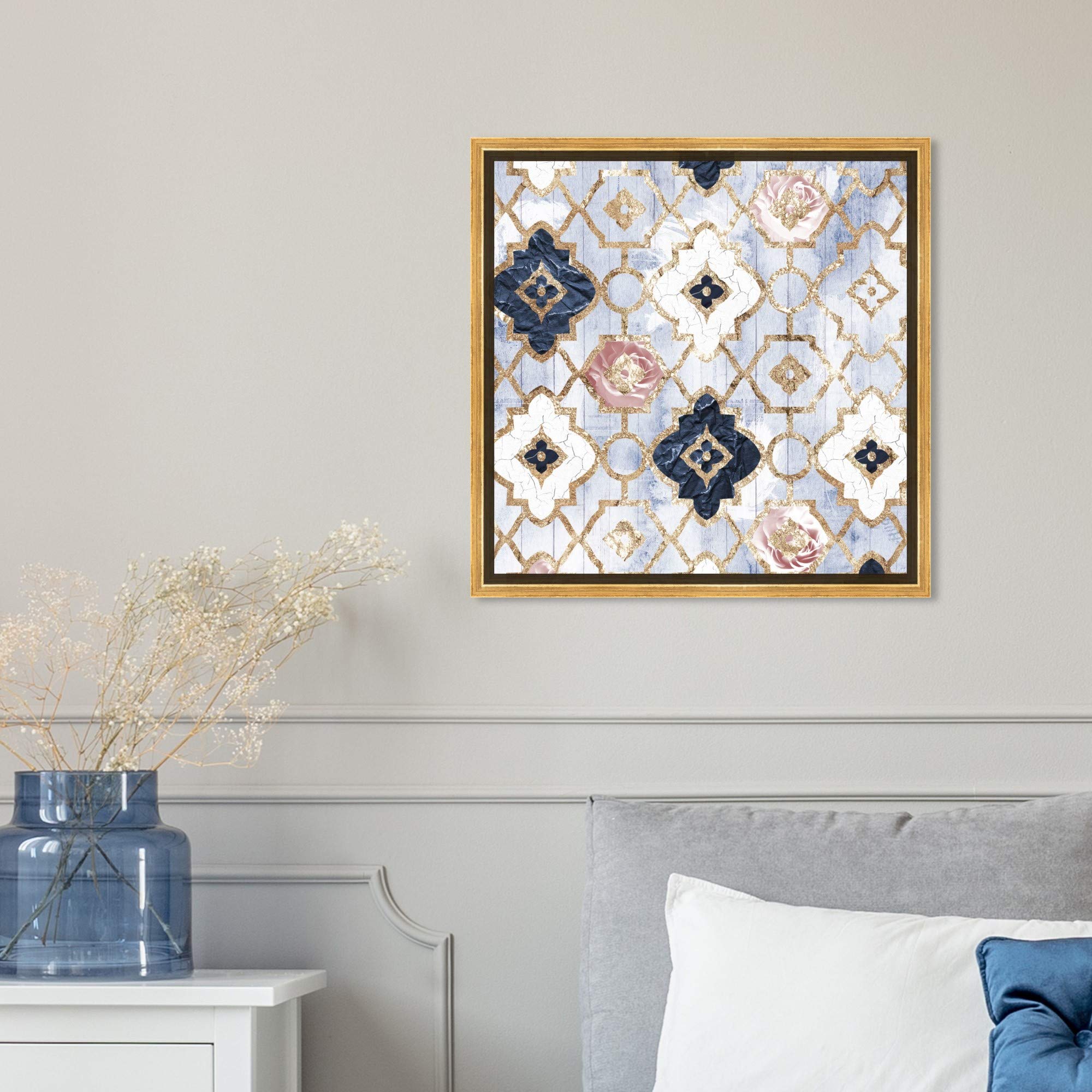 Abstract Framed Wall Art Canvas Print 'Rose Quartz Moroccan' Blue Home Decor 16x16 Inches - Perfect for Living Room, Bedroom & Office Décor