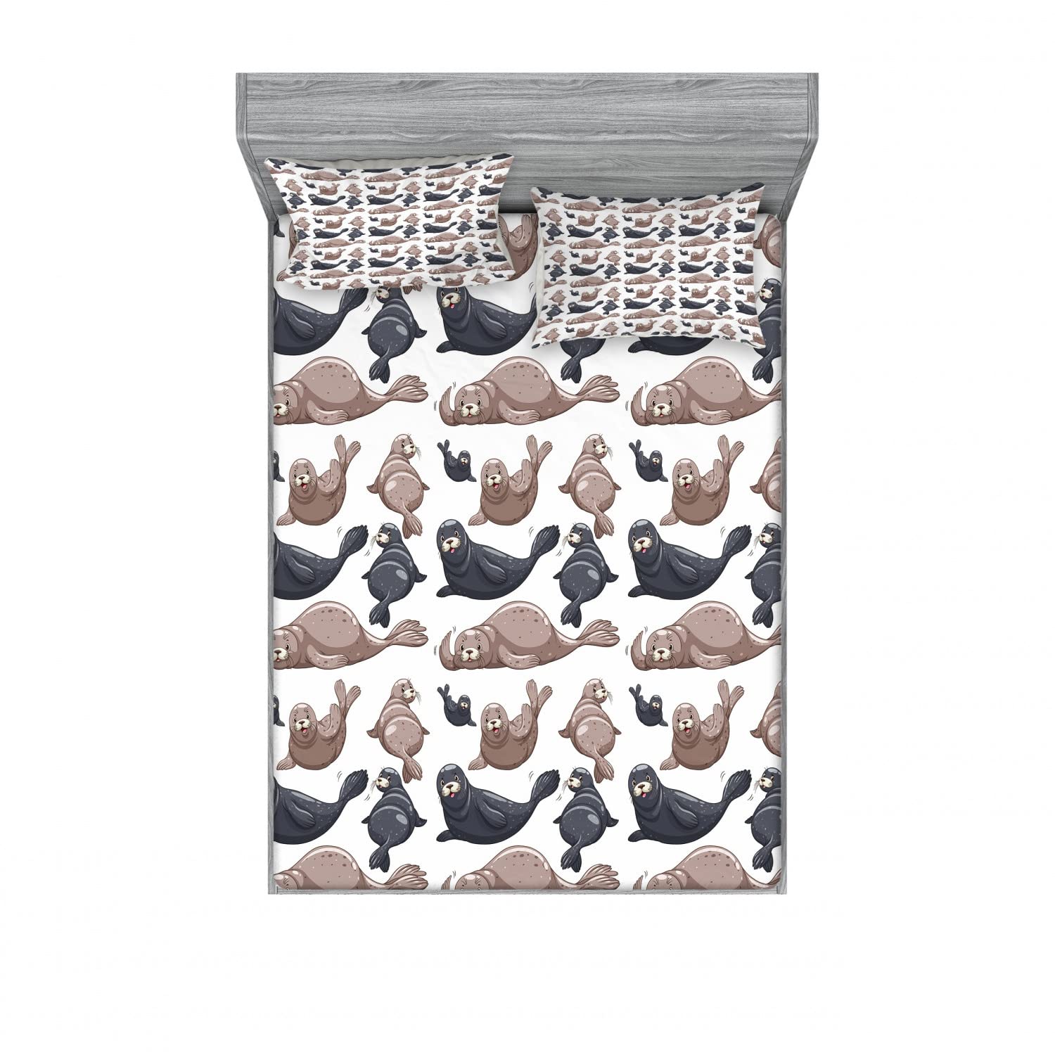 Ambesonne Exotic 2-Pack Full Size Fitted Sheet & Pillow Sham Set - Wild Tropical Sea Lion Print, 4-Piece Bedding Collection in Cadet Blue Mauve | Soft & Breathable Sheets for Guest Rooms, Vacation Homes & Coastal Themed Bedrooms