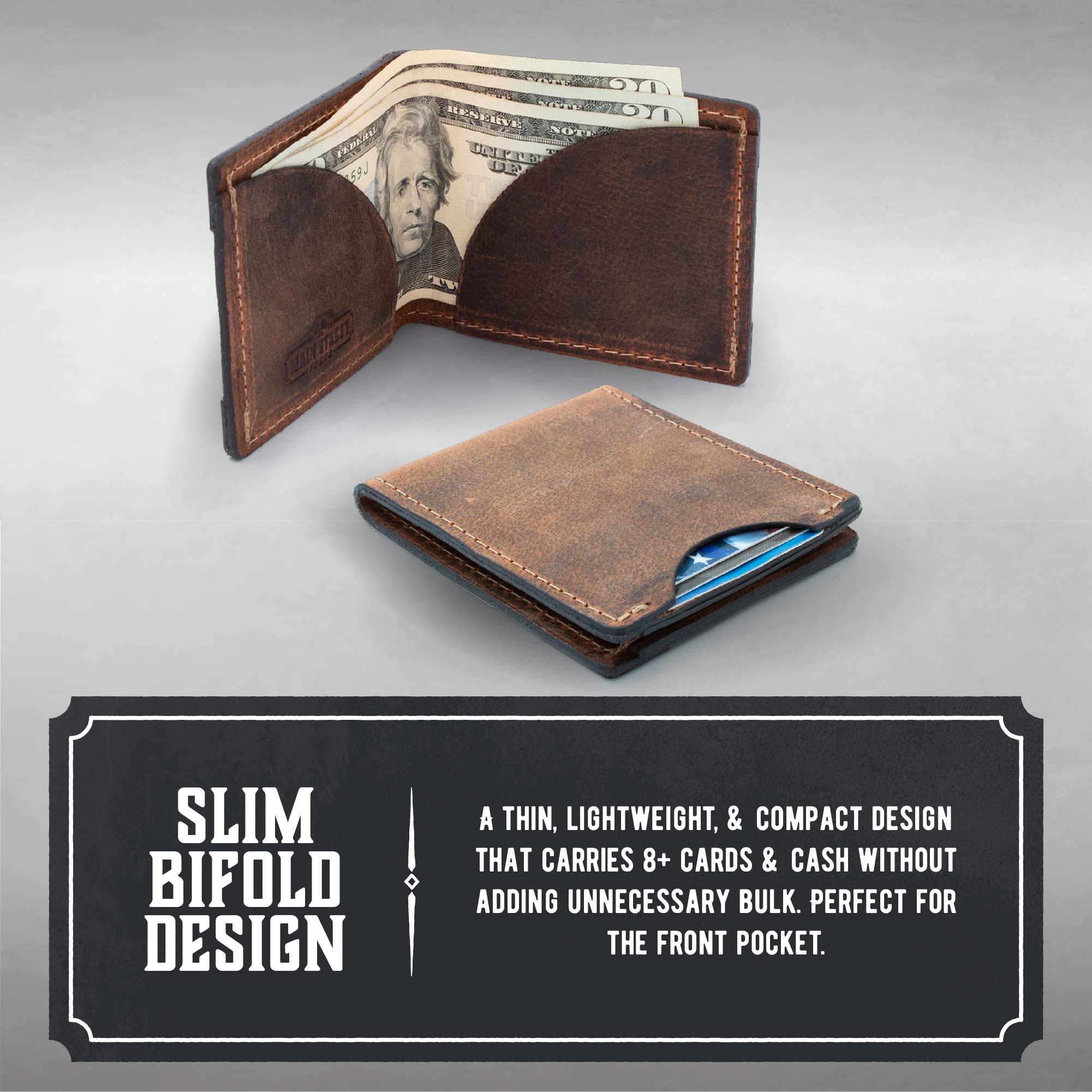 Premium Full Grain Leather Slim Bifold Wallet for Men - Made in USA | Minimalist Front Pocket Wallet in Tobacco Snakebite Brown | Perfect for Everyday Carry, Travel & Business (男士超薄双折钱包)