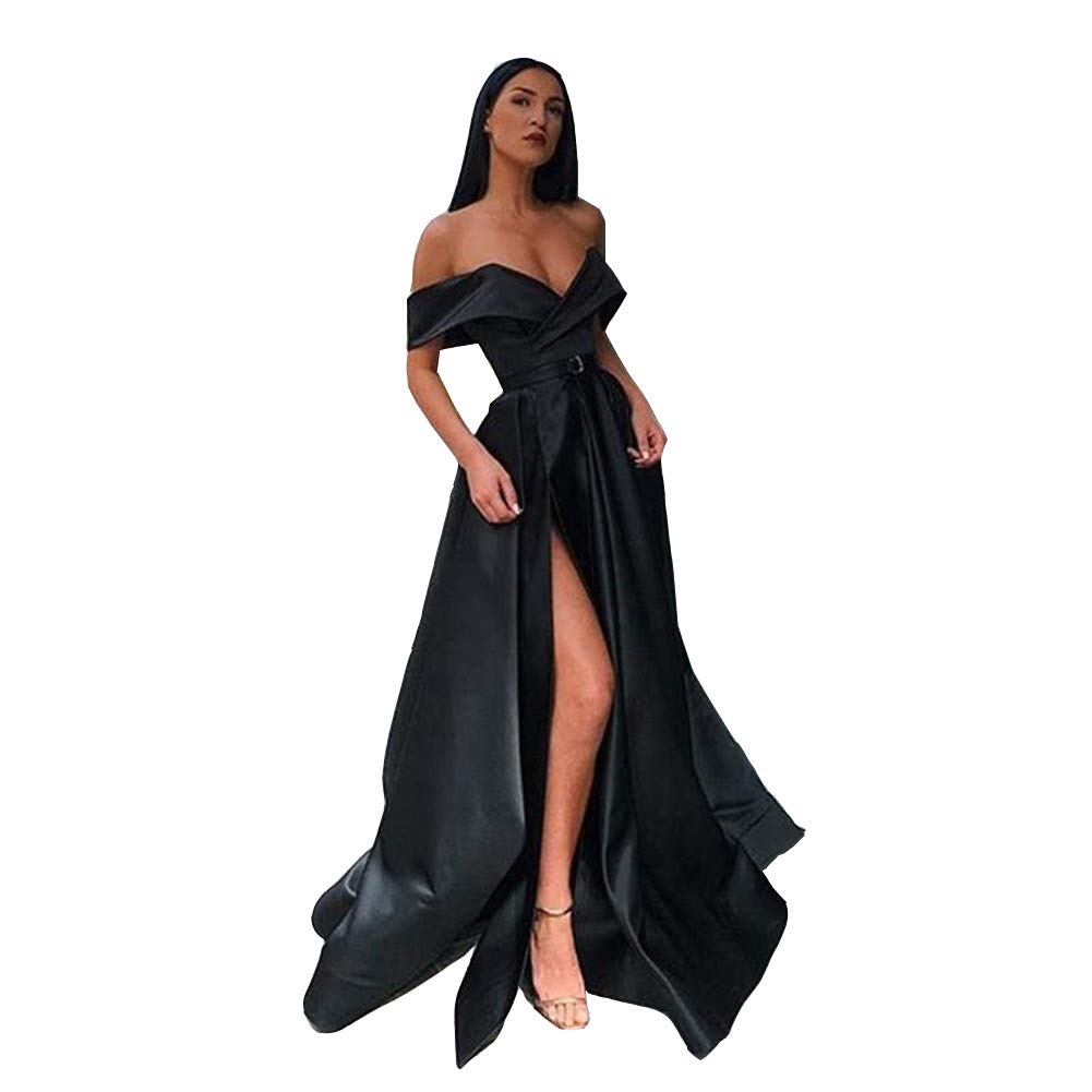 Emanni Women's Off Shoulder Long Side Slit Satin Prom Dress A-Line Evening Gown - Black Formal Party Dress for Homecoming, Wedding Guest, Cocktail Party & Special Occasions
