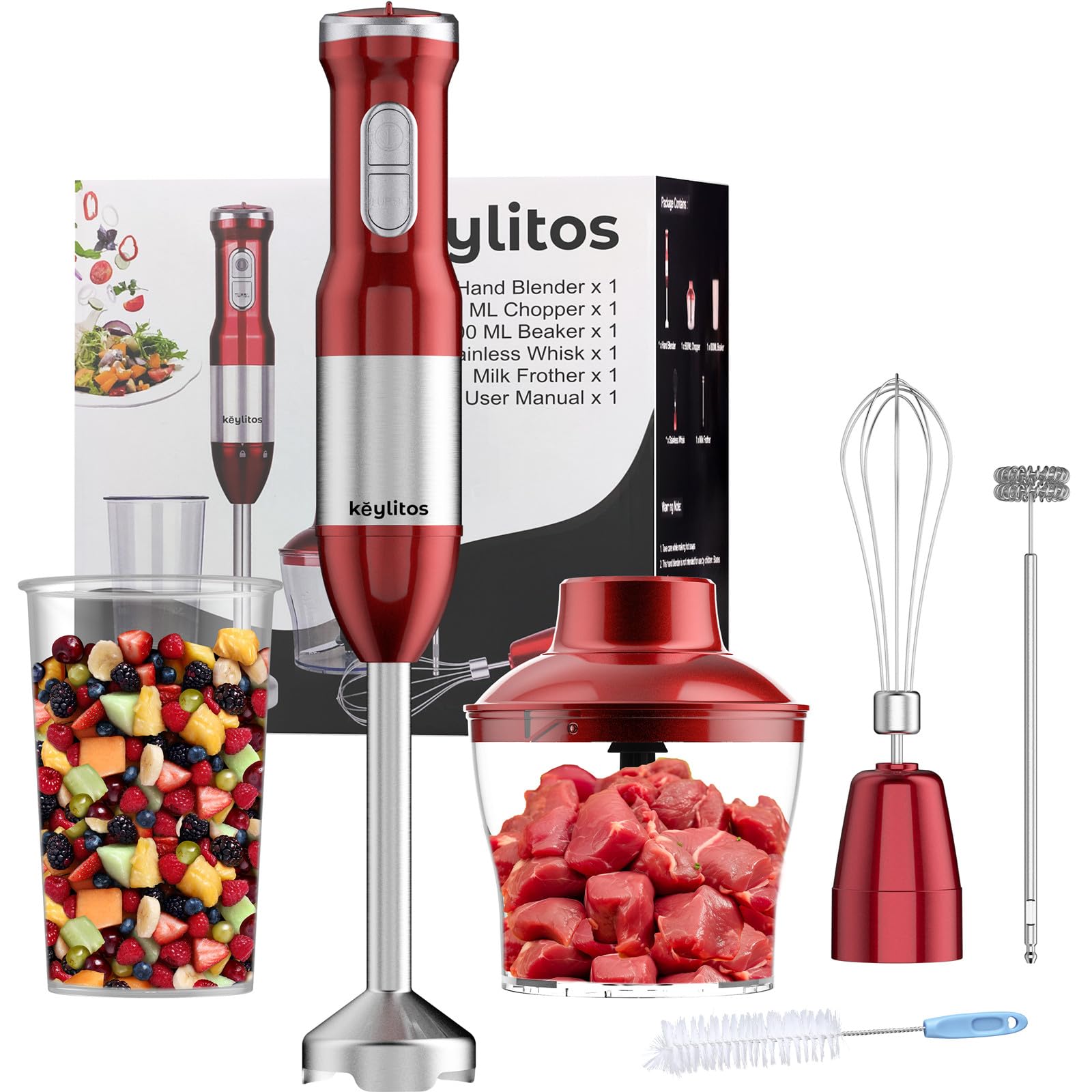 Keylitos 5-in-1 Immersion Hand Blender Mixer - 1000W Powerful Stick Blender with 600ML Food Chopper, 800ML Mixing Beaker, Whisk & Milk Frother - Perfect for Smoothies, Baby Food, Sauces, Purees & Soups - Ideal for Kitchen, Home Cooking & Meal Prep (Red)