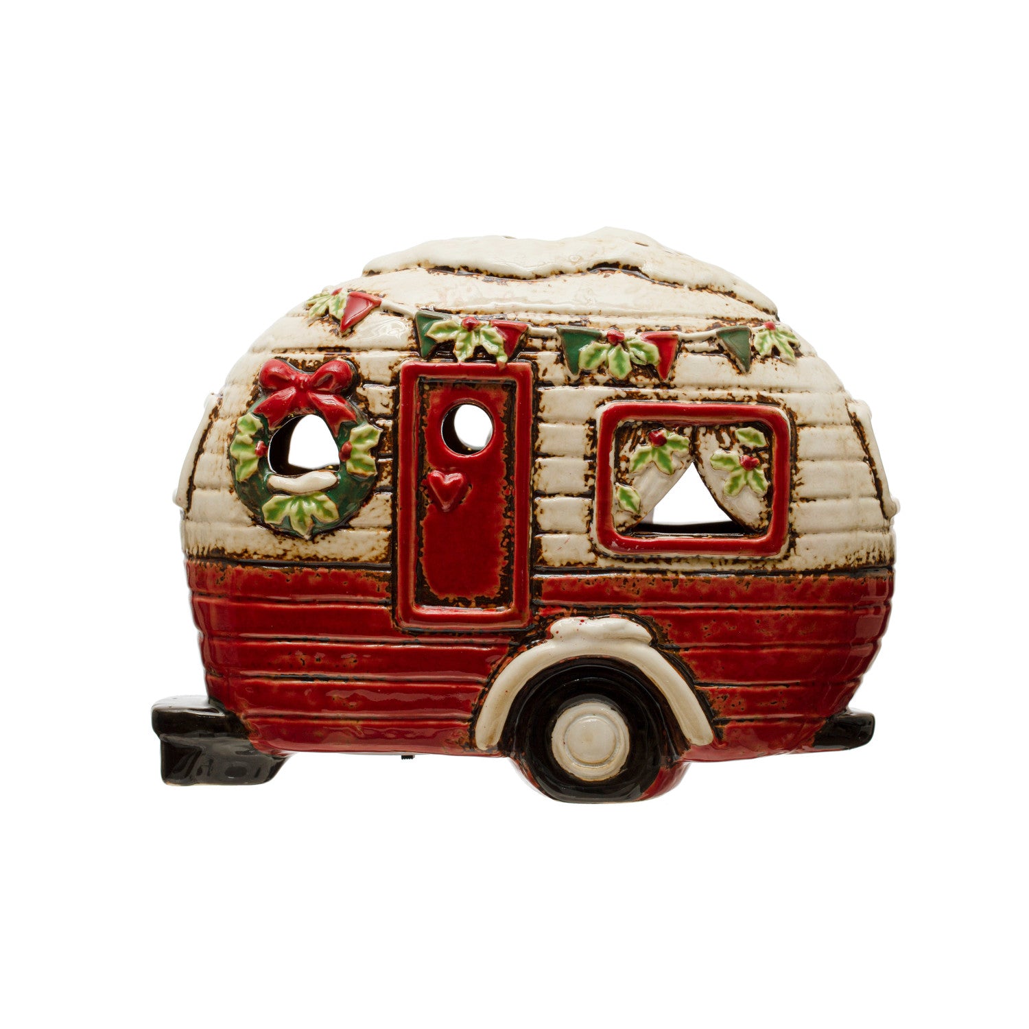 Hand Painted Stoneware Camper with LED Lights - Vintage Style Decorative Camping Van for Home, Office & RV Decor - Perfect for Night Lights, Gifts & Cozy Ambiance