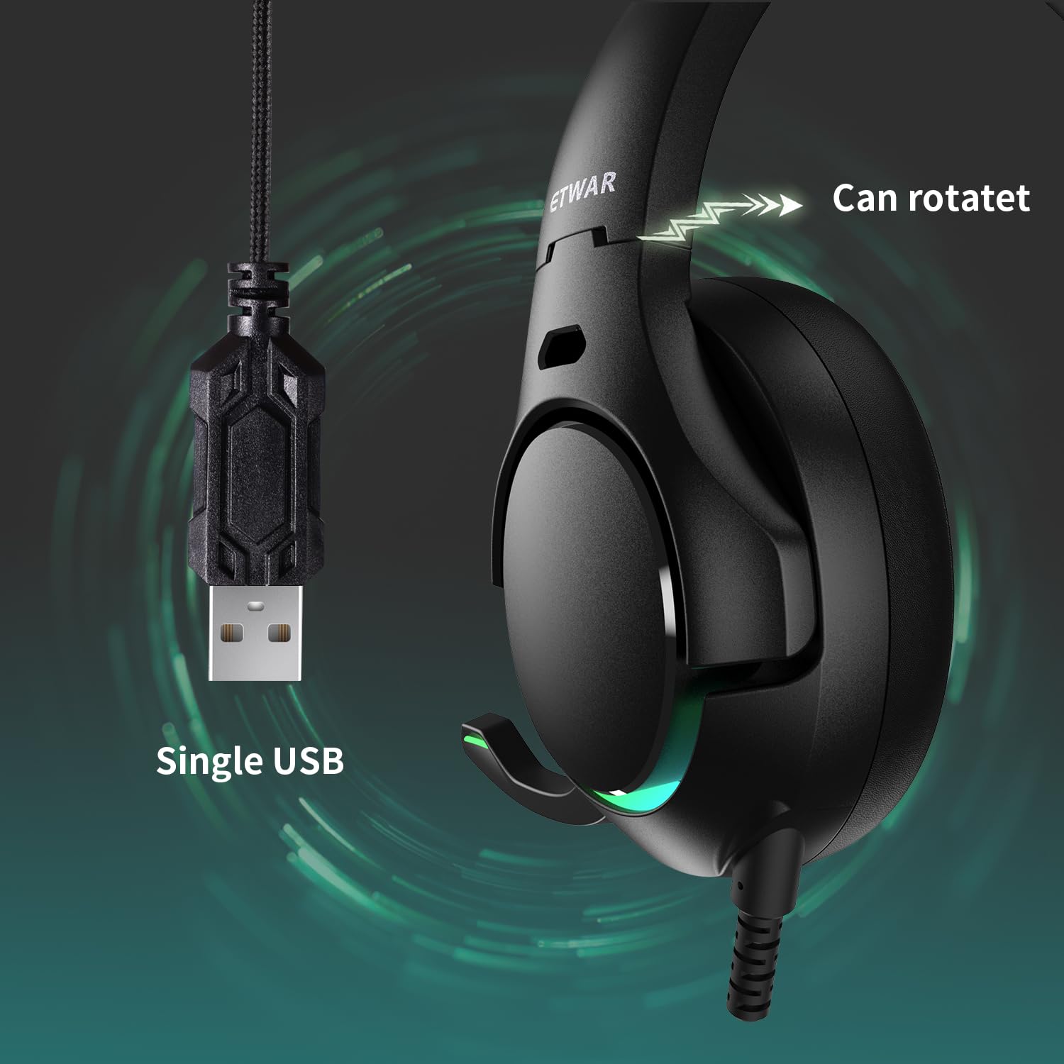 EG80 USB Gaming Headset with Noise Cancelling Mic - 7.1 Surround Sound, Memory Foam Ear Cushions & RGB Lighting - Wired Headphones for PS4, PS5, PC, Laptop - Perfect for Gaming, Streaming & Call Center Work