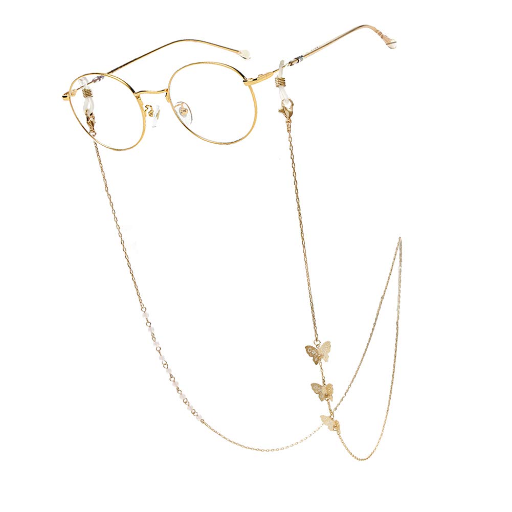 Trendy Eyeglass Chain Mask Holder with Pear and Butterfly Charm - Stylish and Functional Glasses Strap for Women & Men - Perfect for Reading, Driving, and Outdoor Activities