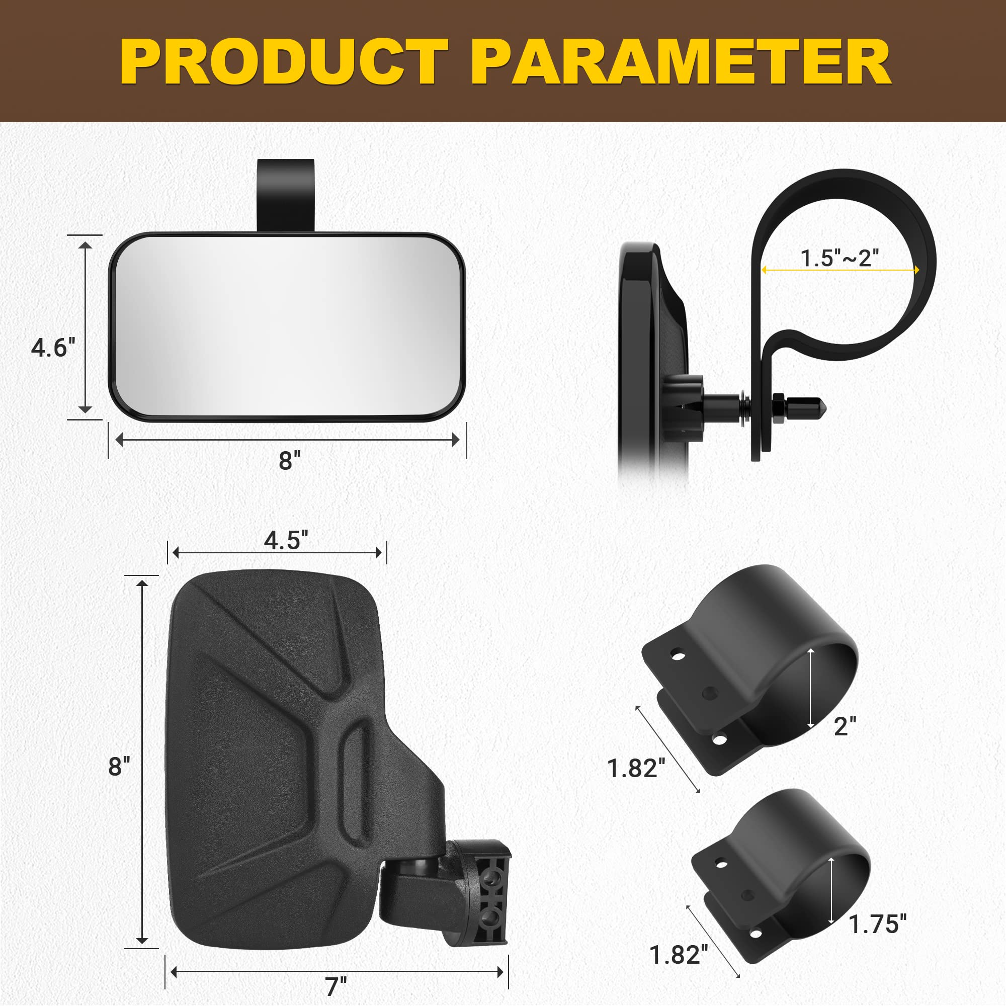 BUMBEE UTV Side Mirrors and Center Mirror - Adjustable Rearview Mirrors for 1.6-2