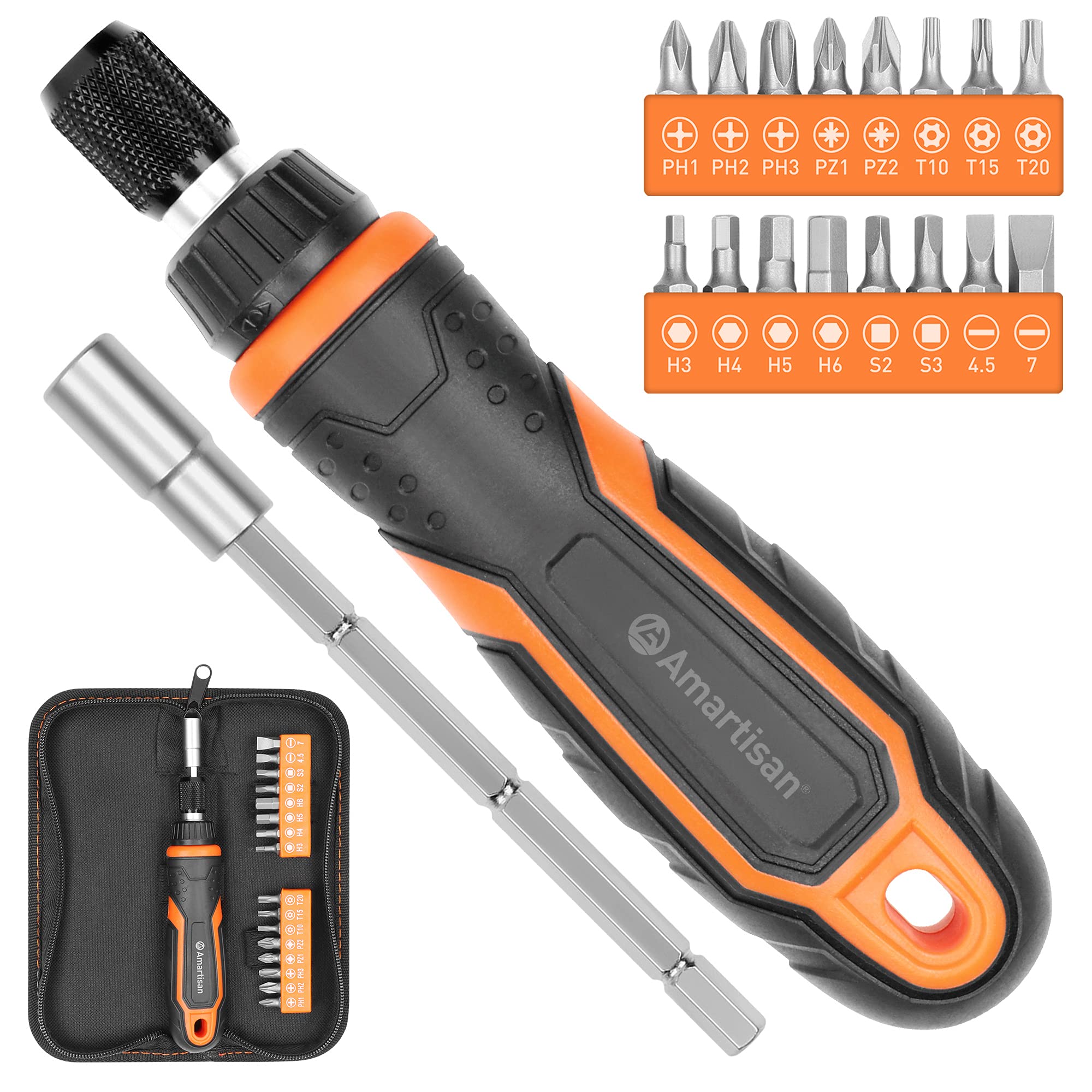 Amartisan 18-in-1 Ratcheting Screwdriver Set with Magnetic Bits - Multi-bit Screwdriver Tool for Slotted, Philips, Pozi, Torx & Hex Screws - Perfect for Home Repairs, DIY Projects & Professional Use