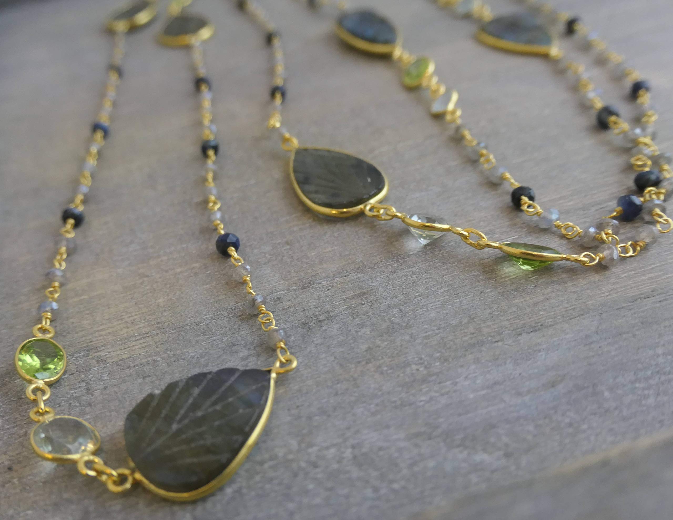 Handmade Labradorite Blue Topaz Peridot Gold Plated Sterling Silver Necklace 107cm - Natural Gemstone Jewelry for Women | Perfect Birthday, Bridal, Wedding & Mother's Day Gift - Elegant Everyday Wear & Special Occasion Accessory