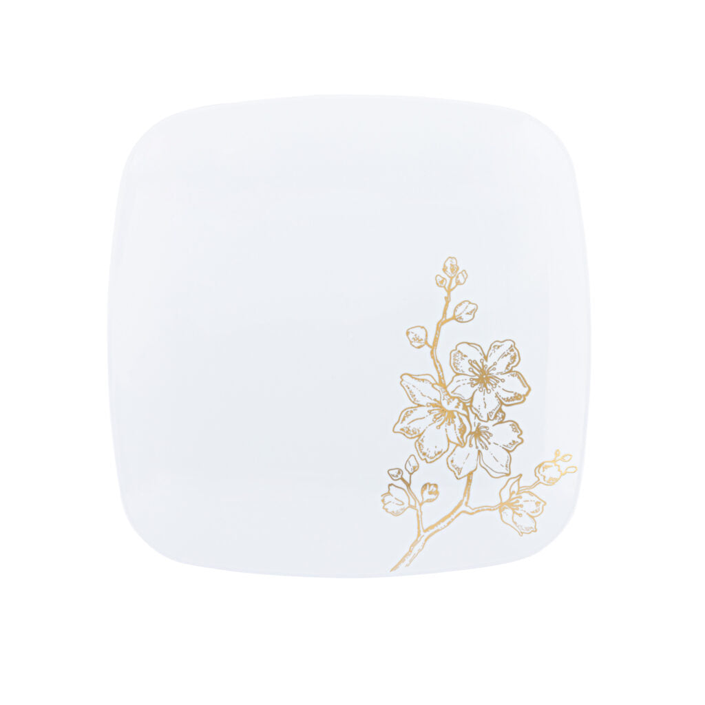 10-Pack White and Gold Square Plastic Plates for Parties, Weddings & Events - Elegant Disposable Dinnerware for Catering, Picnics and Home Decor