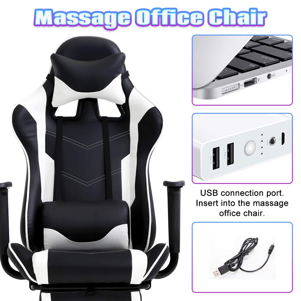 Premium Ergonomic PC Gaming Chair with Lumbar Support & Massage Function - Adjustable Racing Office Chair with Headrest & Footrest for Home & Work - White - Perfect for Long Gaming Sessions & Office Work