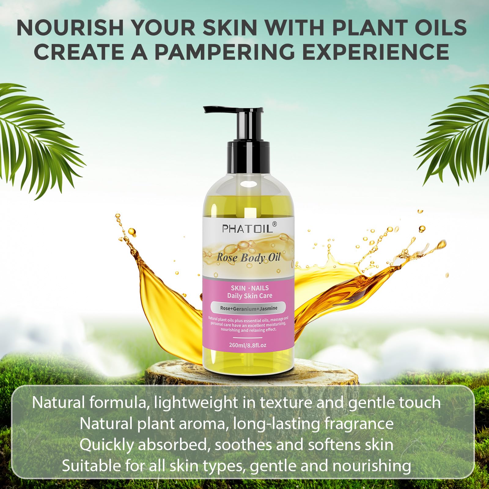 260ml (8.8 fl.oz) Natural Rose & Basil Body Oil for Hydration & Relaxation - Perfect for Massage, Aromatherapy & Skin Care