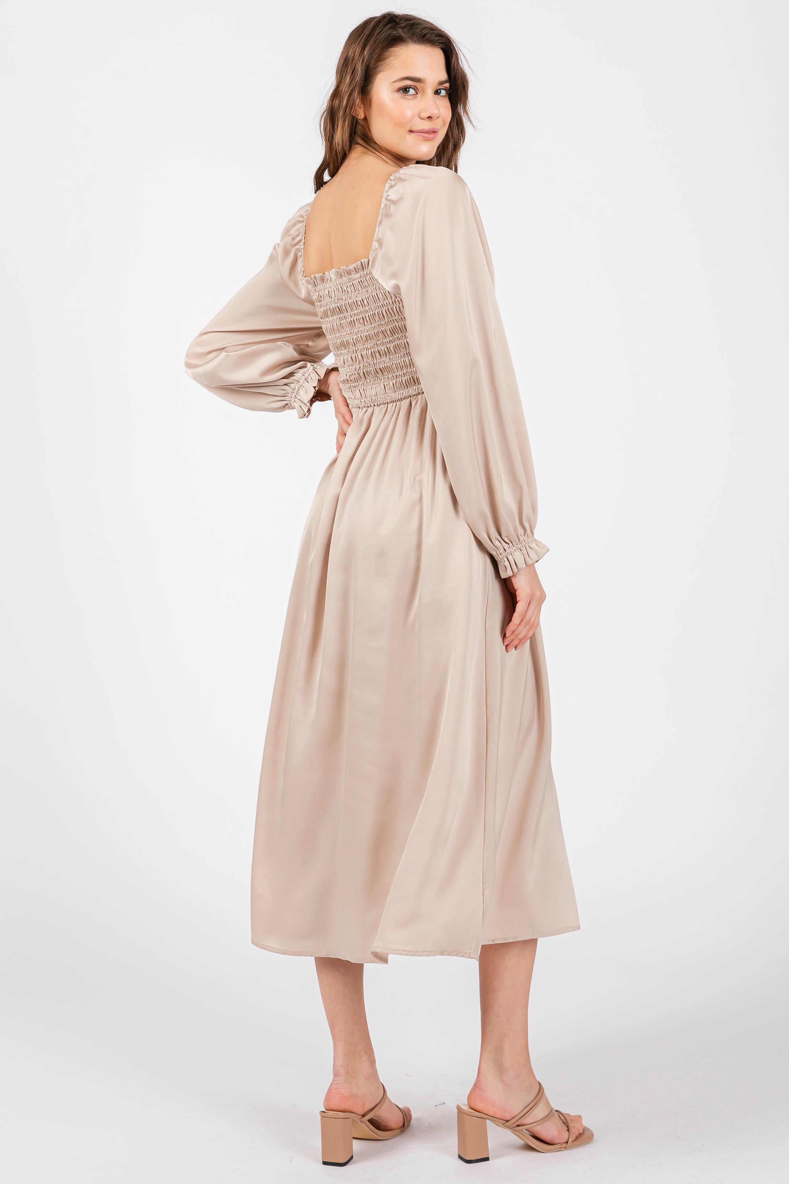 Beige Smocked Square Neck Satin Midi Dress for Women - Elegant Party & Wedding Guest Outfit - Summer Cocktail & Formal Occasion Wear