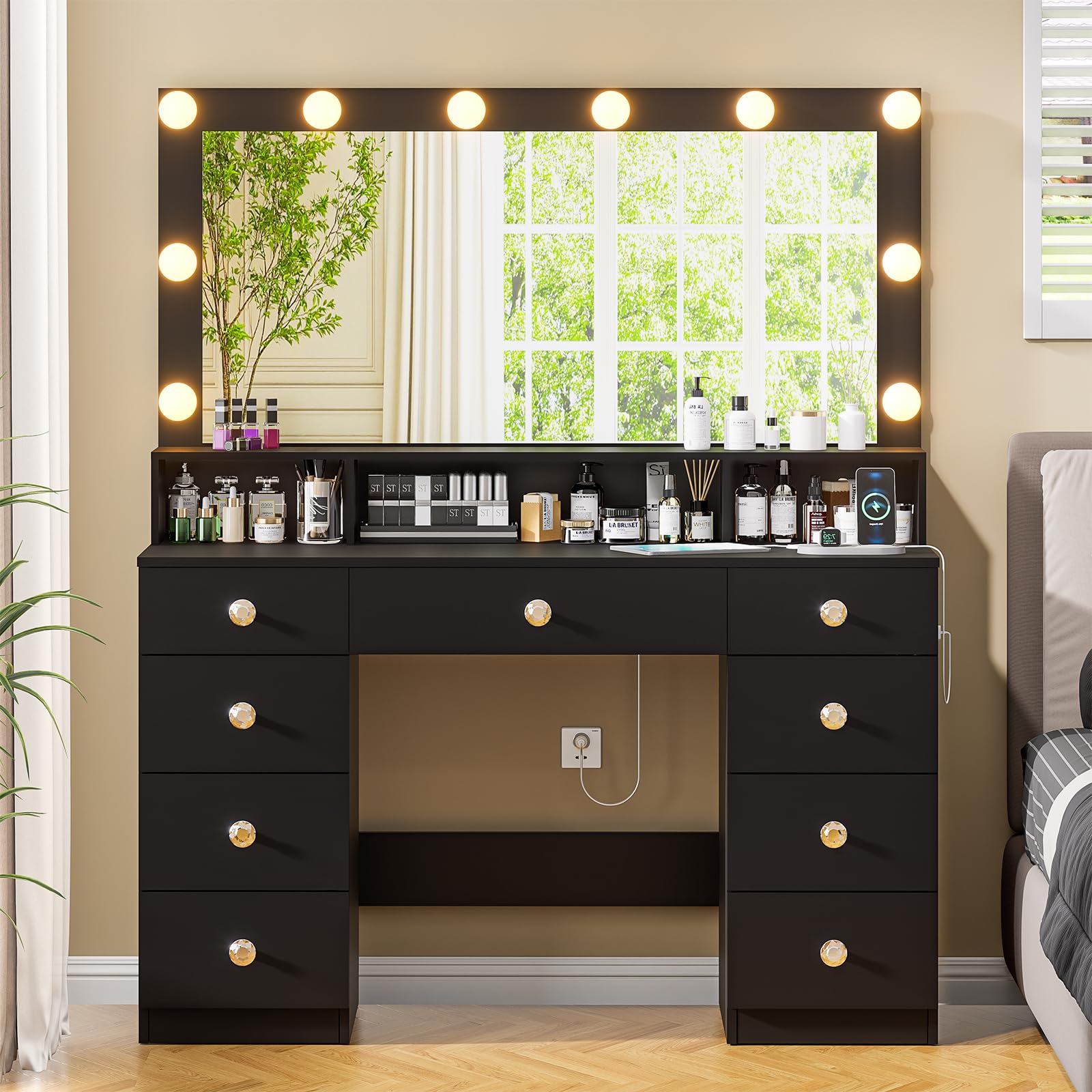 Vanity Desk with Large Mirror & LED Lights - 9-Drawer Makeup Dressing Table with Super Storage, Power Outlet & Crystal Handles - 3 Lighting Modes - Perfect for Women & Girls Bedroom, Beauty Salon or Bridal Suite (Black)