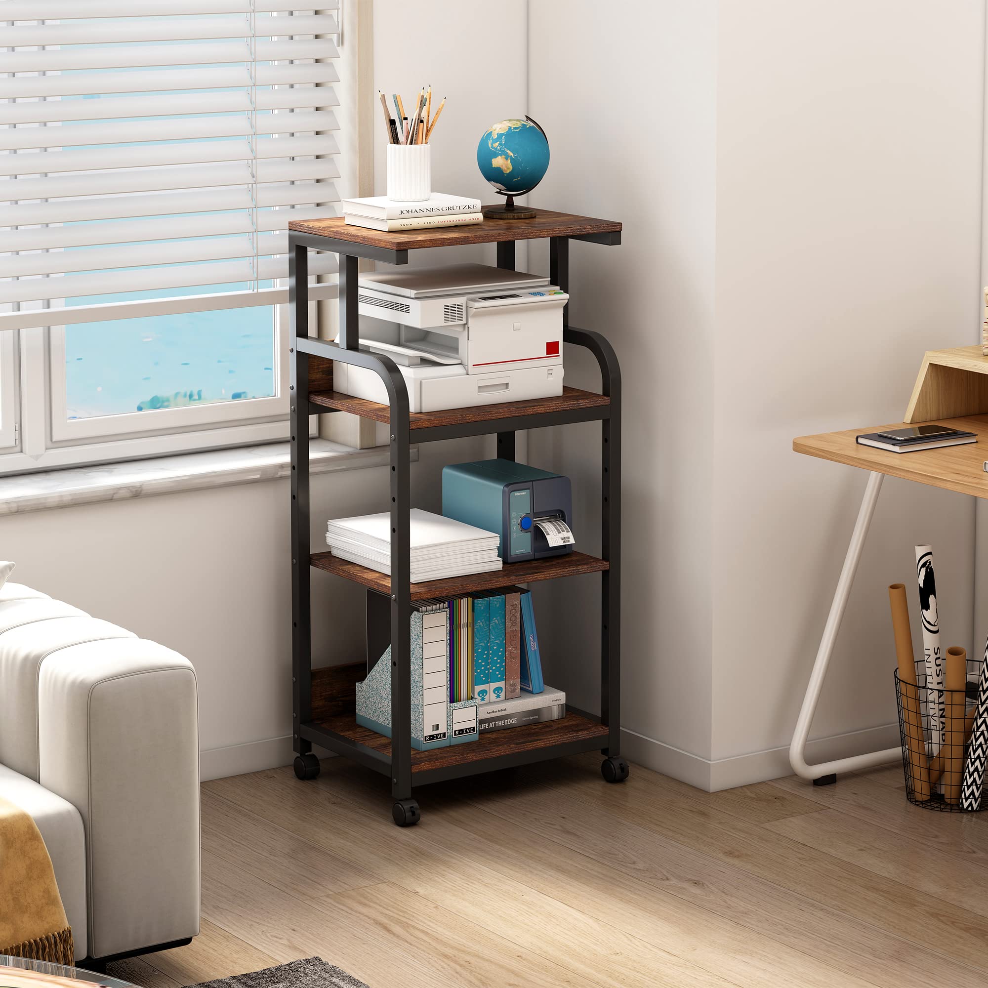 4-Tier Adjustable Printer Stand with Wheels - Rustic Brown Home Office Desk Organizer for Printer, Scanner & Supplies - Perfect for Small Spaces & Workspace Organization