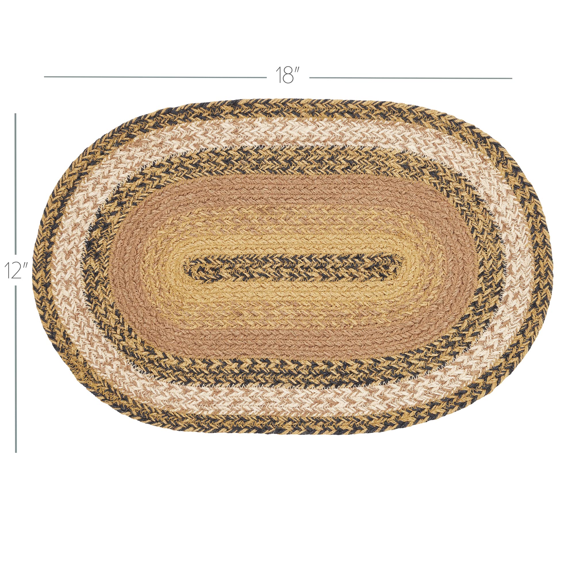 VHC Brands Kettle Grove Oval Braided Jute Placemat for Dining Table - 12x18 Inches, Tan & Black - Waterproof & Heat Resistant Table Mat for Kitchen, Restaurant, and Home Decor