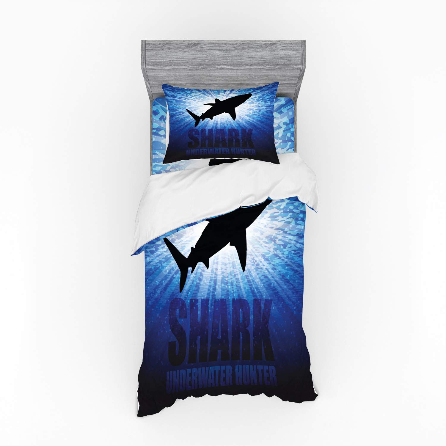 Ambesonne Shark Duvet Cover Set - 3 Piece Ocean Themed Bedding with Sham & Fitted Sheet, Twin Size, Royal Blue & Black - Underwater Marine Life Design for Kids & Teens Bedroom Decor
