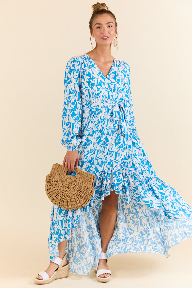 Palmetto Paradise Blue and White Long Sleeve Maxi Dress for Women - Boho Floral Beach Cover Up, Summer Vacation Dress, Perfect for Pool Parties & Tropical Getaways
