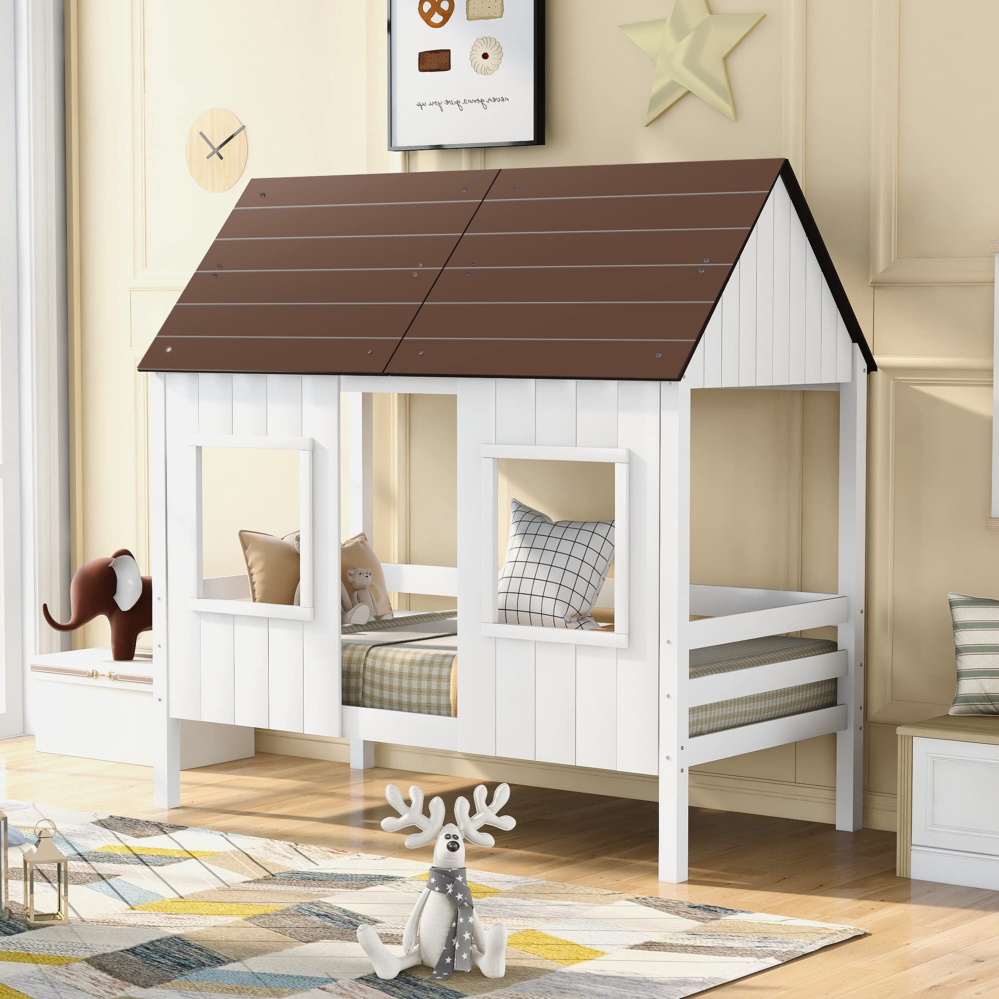 Harper & Bright Designs Twin Size House Loft Bed with Roof & Windows - Solid Wood Low Loft Bed Frame, No Box Spring Required (Antique Gray/Normal White) - Perfect for Kids Bedrooms, Playrooms & Small Spaces