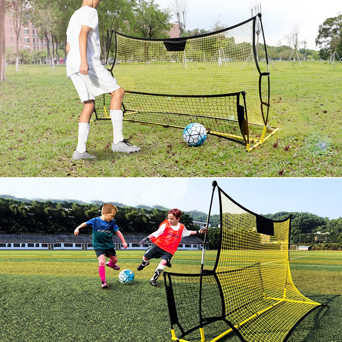 Portable 2-in-1 Soccer Rebounder Net 7ft x 4ft - Free Trainer & 23.6ft LED String Included - Improve Dribbling, Shooting & Passing Skills - Easy Carry Bag - Perfect for Backyard Training, Team Practice & Solo Drills