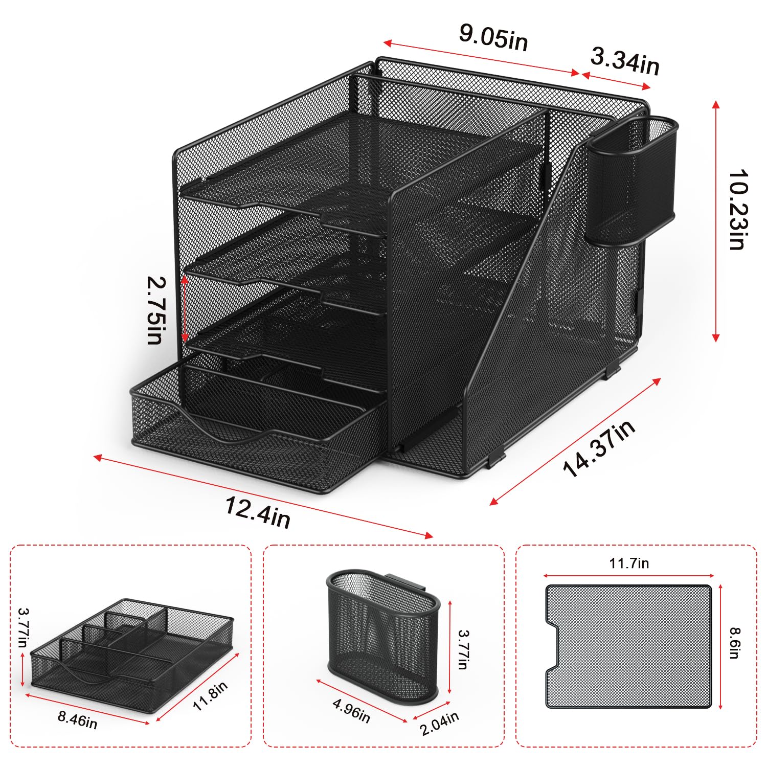 Mesh Desk Organizer with Hanging File Holder & Drawer - Black Office Supplies Storage with Letter Tray, Pen Holder | Perfect for Home Office, School & Workspace Organization