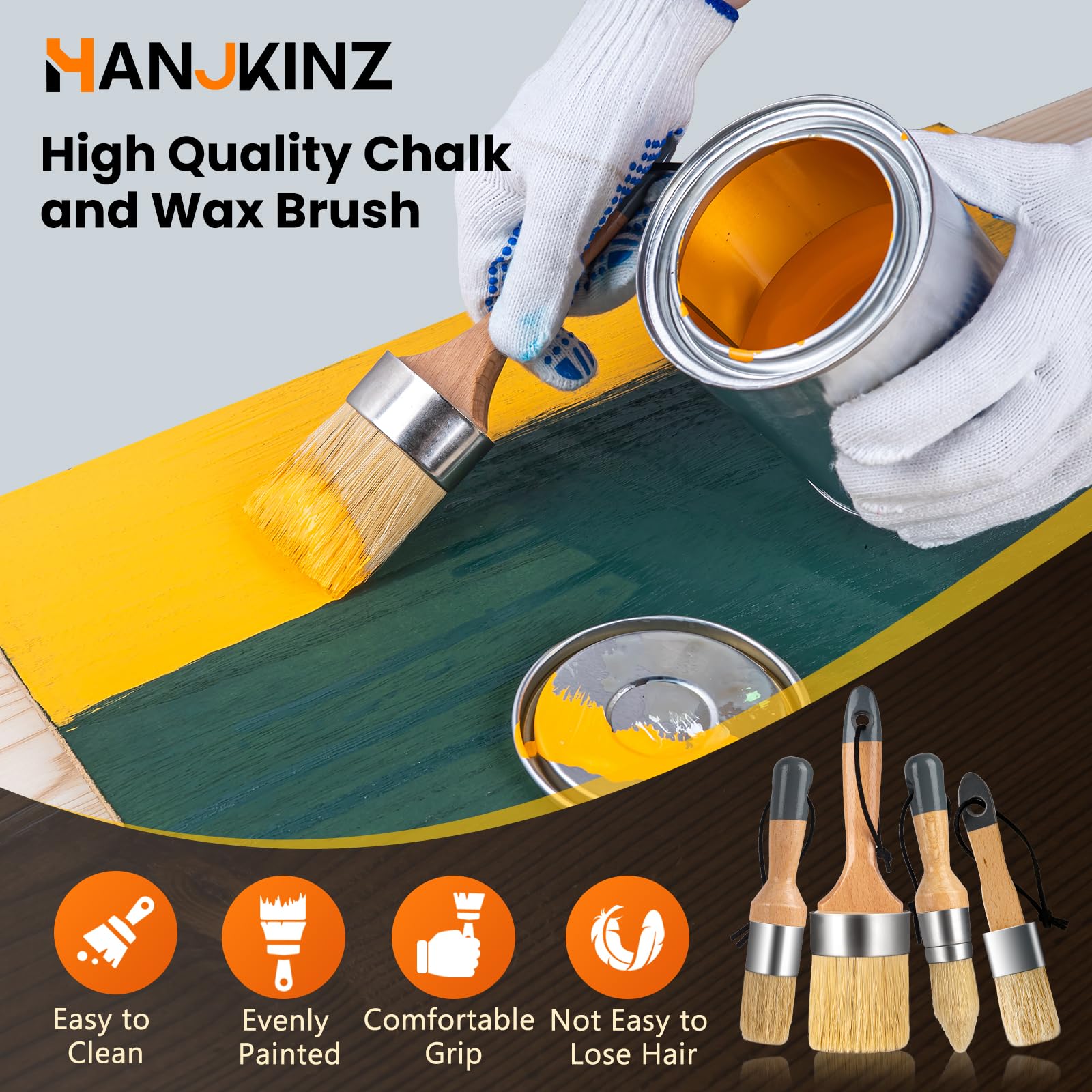 4-Piece Natural Bristle Chalk & Wax Paint Brush Set - Perfect for Furniture Painting, Milk Paint, Stenciling & Waxing - Ideal for DIY Home Decor, Cabinet Refinishing & Craft Projects