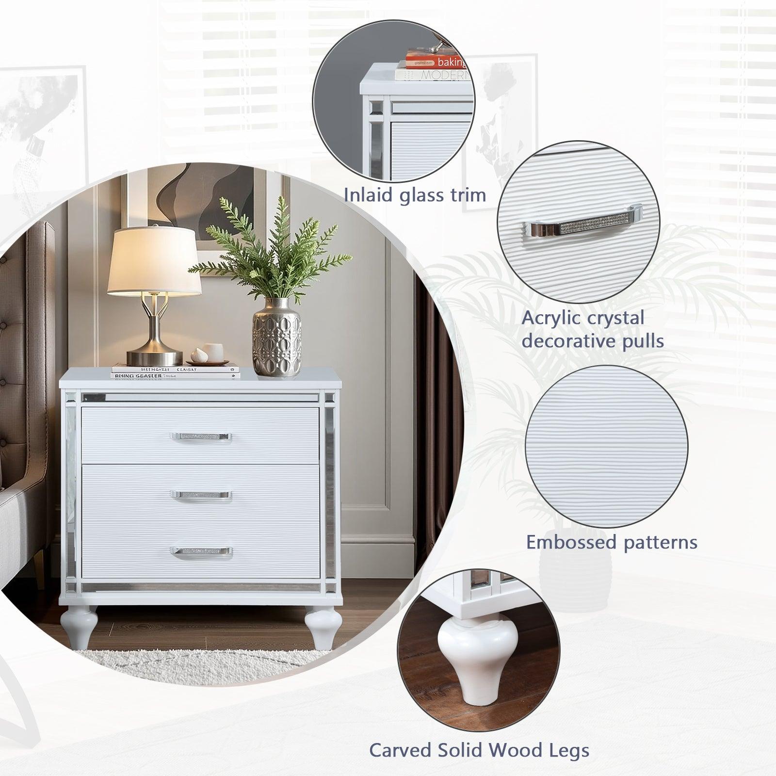 Modern White Nightstand with Mirror Frame & Crystal Pulls - 2 Drawers + Hidden Storage, Bedside Table for Bedroom, Living Room - Perfect for Small Spaces & Apartment Decor