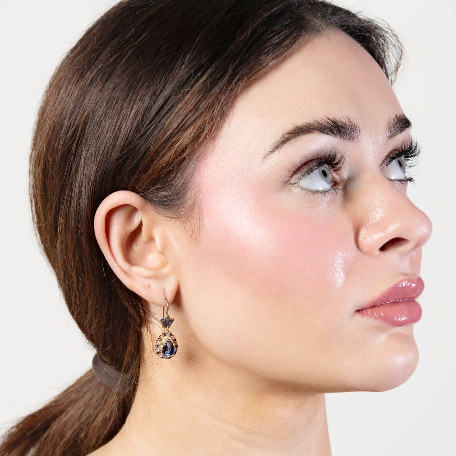 Art Deco 14k Gold Sapphire Diamond Enamel Drop Earrings for Women | Vintage Style Dangle Earrings for Evening Party, Wedding & Special Occasions