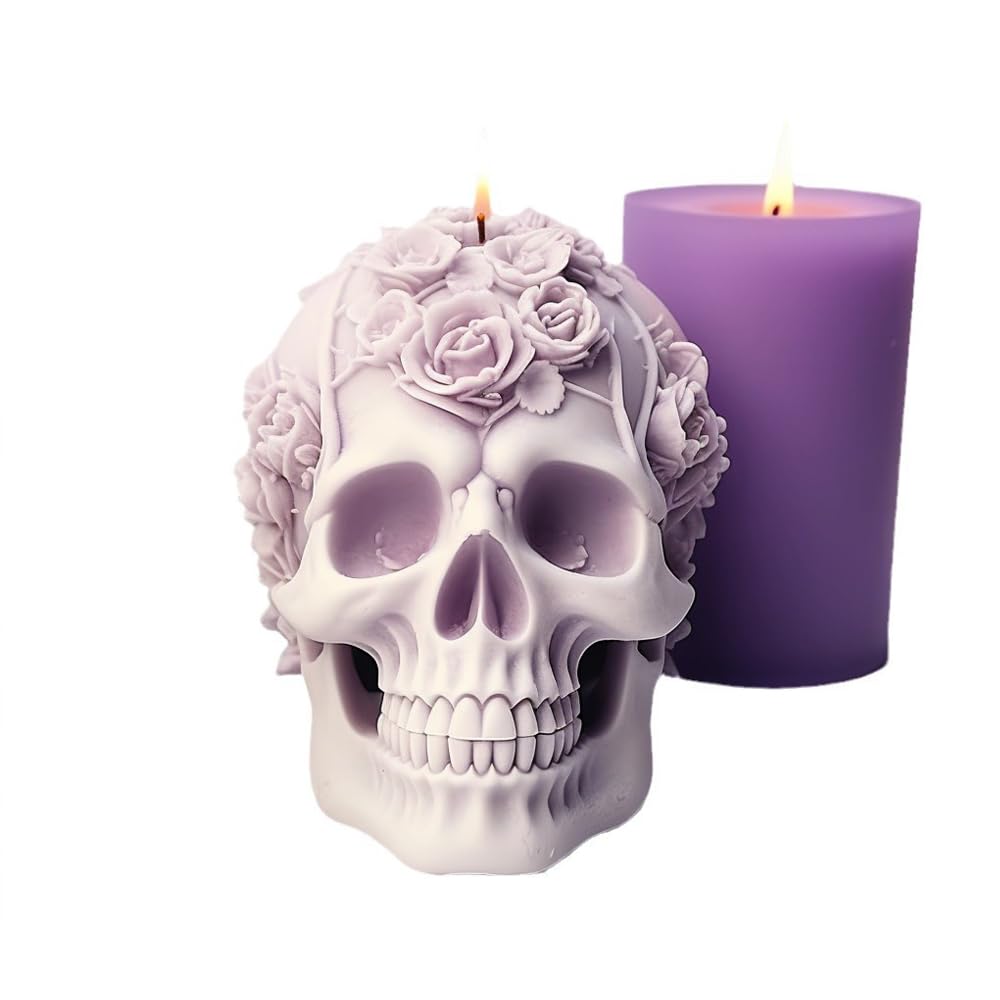 Large 3D Rose Flower Skull Candle Molds - Flexible Clear Silicone Skull Head Molds for Resin, Aromatherapy Candles, Soap, Clay & Ice Cubes - Perfect for DIY Crafts, Halloween Decor & Home Fragrance Projects