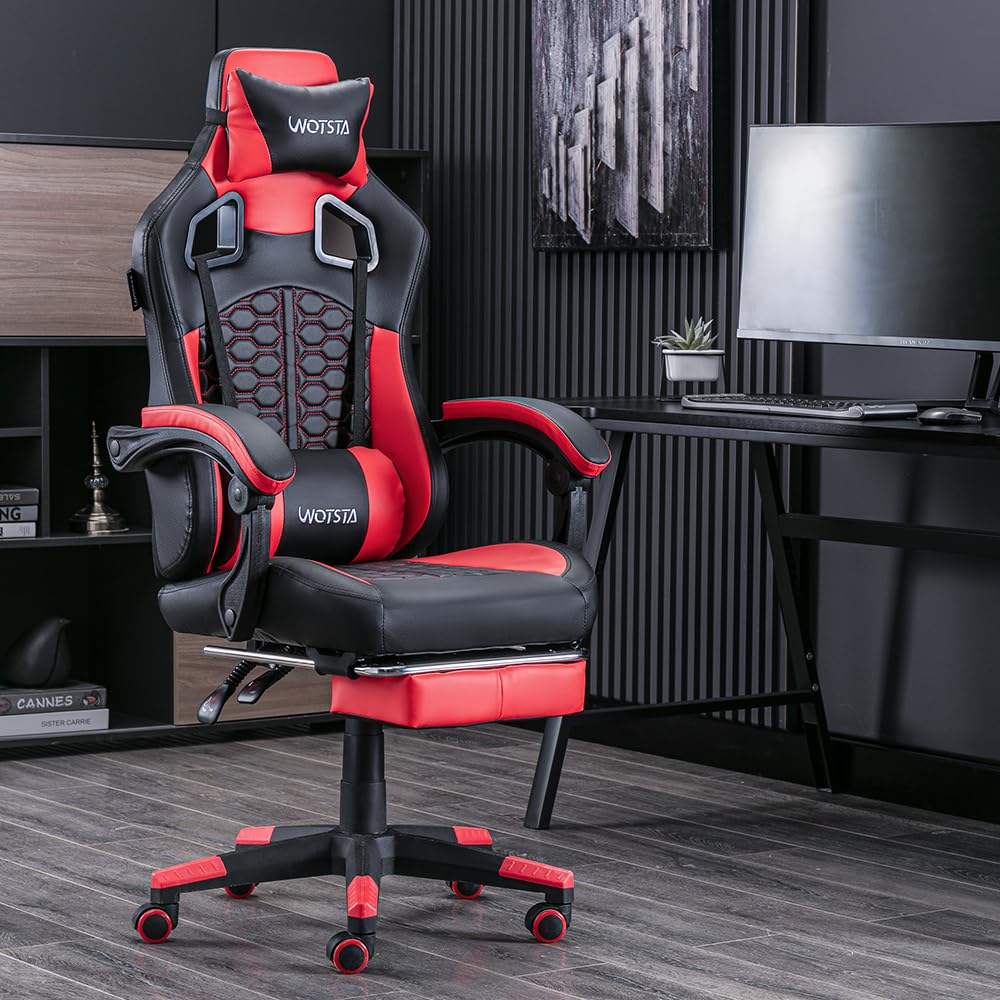 Ergonomic Gaming Chair with Massage & Footrest - Adjustable PC Game Chair with Comfortable Headrest, High Back Support, 300LBS Capacity - Perfect for Esports, Office Work & Home Gaming Setup (Black Red)