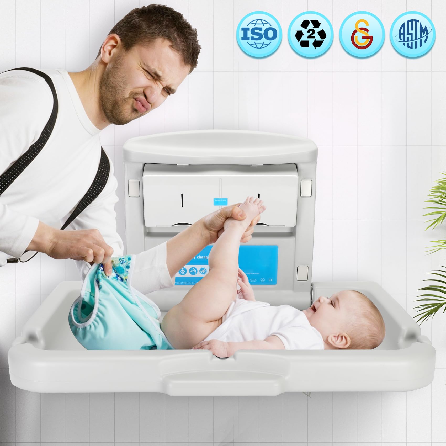Commercial Baby Changing Station - Wall Mounted Foldable Diaper Changing Table with Storage Box, HDPE Safe Material Supports 60lbs - Perfect for Daycares, Restrooms & Nurseries