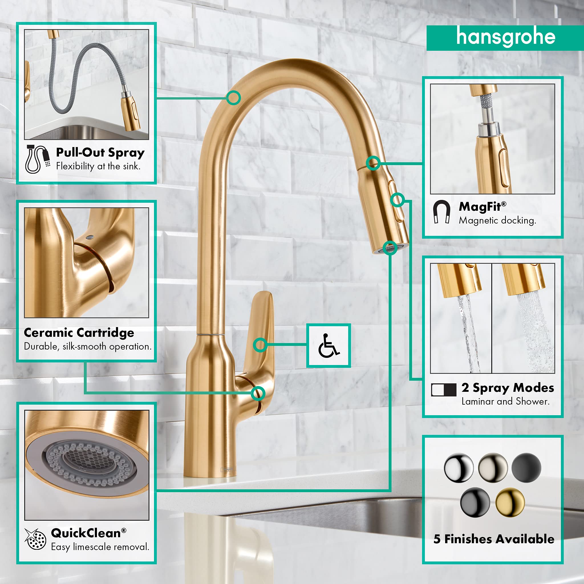Hansgrohe Focus N Gold High Arc Pull Down Kitchen Faucet with Sprayer - Brushed Gold Finish (Model 71800251) - Perfect for Modern Kitchens, Restaurant Prep Areas & Luxury Home Renovations