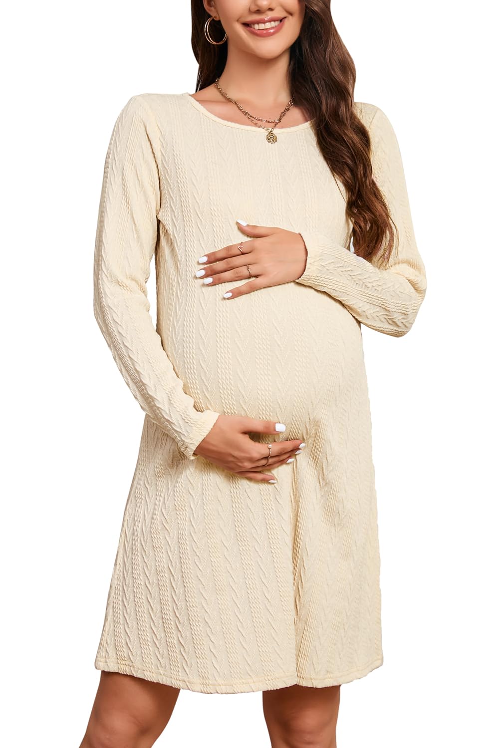 STYLEWORD Women's 2024 Spring Maternity Sweater Dress - Long Sleeve Knit Pullover for Pregnancy Photo Shoots & Casual Wear | Comfortable Stretchy Nursing Dress for Moms