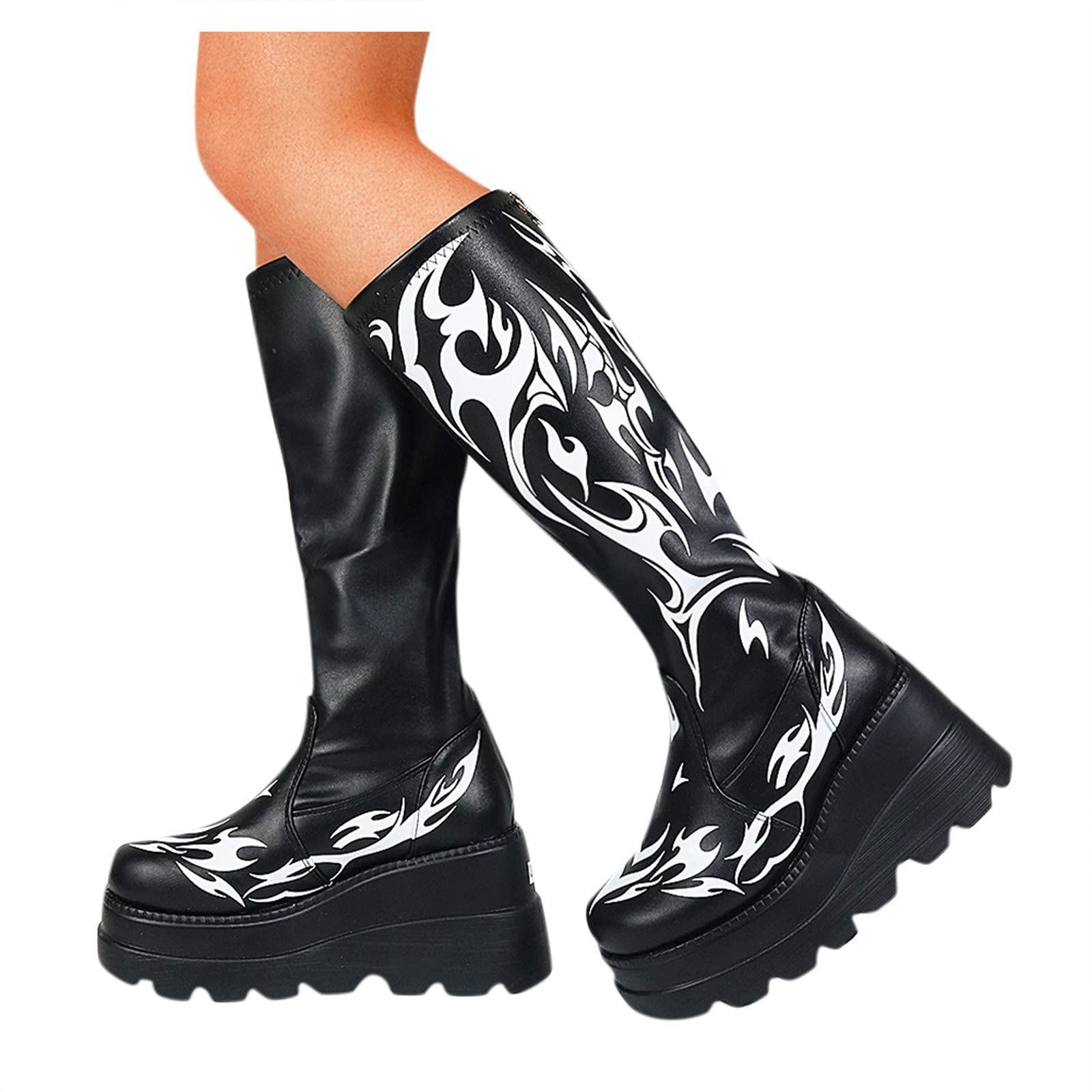 Women's Cowboy Boots - Knee High Zipper Up High Heel Wedge Boots for Motorcycle Riding & Casual Wear | Western Style Fashion Footwear for Country Music Festivals, Night Out & Daily Use
