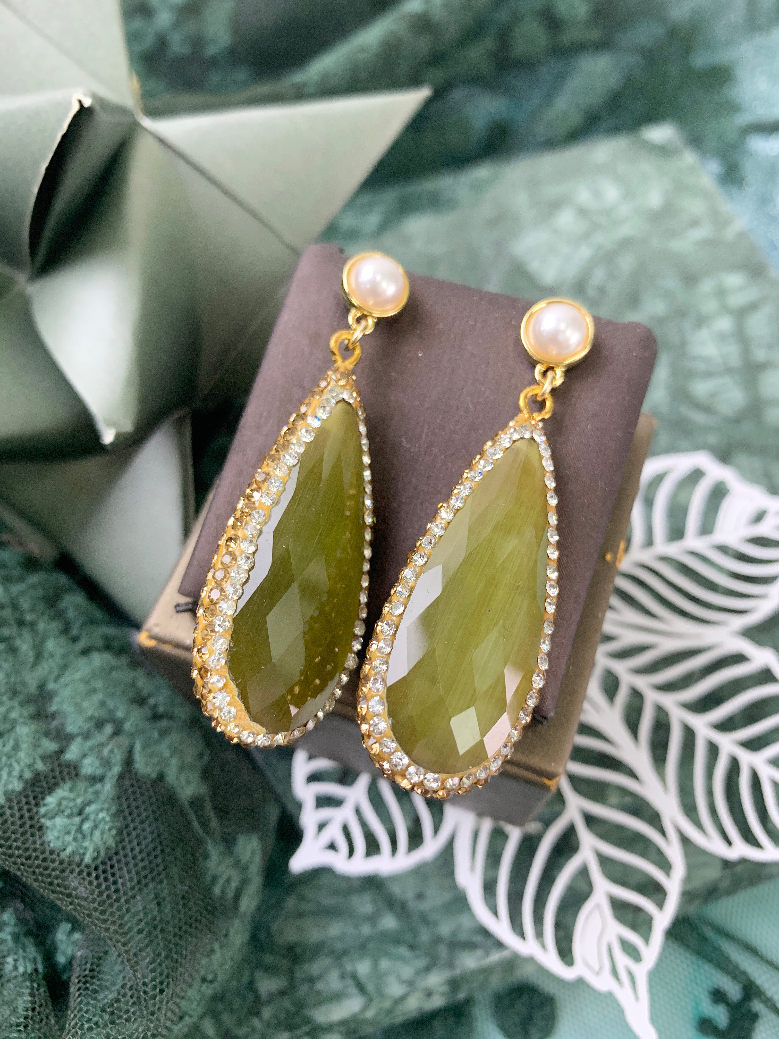 Cat's Eye Tear Drop Earrings GE008 - Elegant Dangle Jewelry for Women, Perfect for Parties, Weddings & Special Occasions