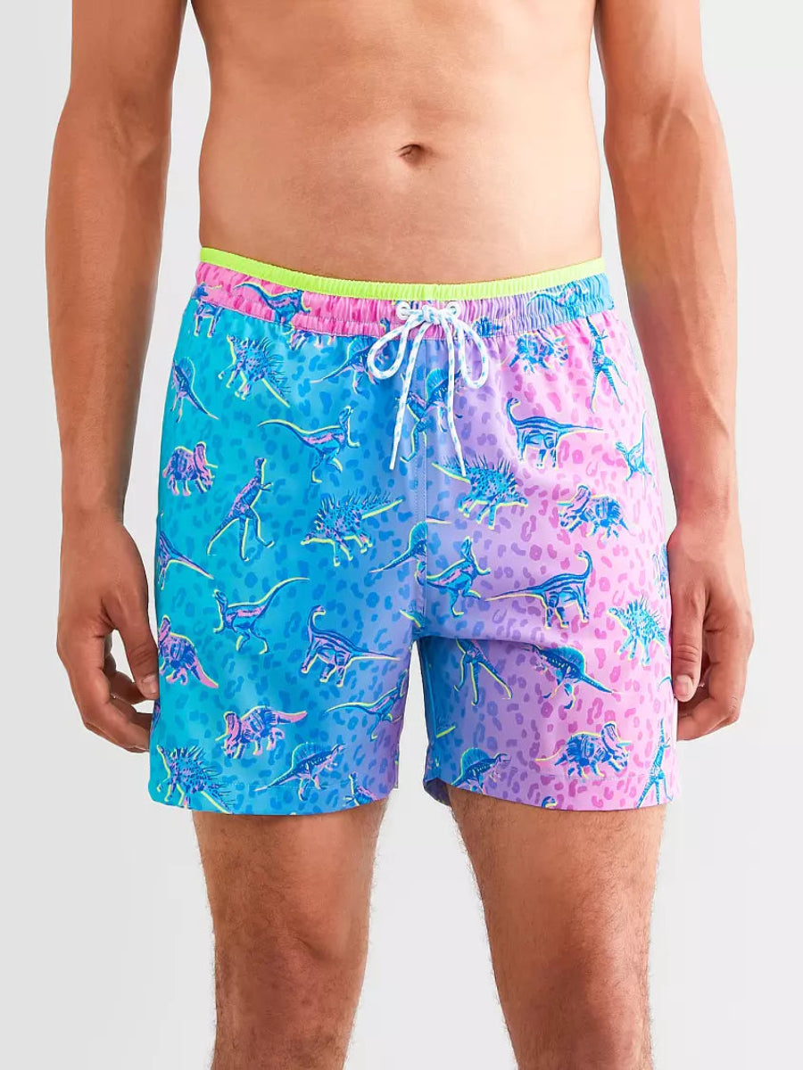 Chubbies 5.5 Inch Dino Delights Swim Trunks for Men - Turquoise/Aqua Dinosaur Print Swim Shorts | Beach, Pool, Vacation & Summer Water Activities