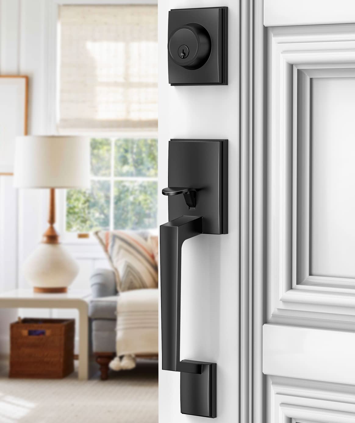 Brightify Matte Black Front Door Handle Set - Adjustable Deadbolt Lock with Reversible Lever, Single Cylinder Entry Handleset for Home Security & Stylish Entryway (Ideal for Front Doors, Patio Doors & Office Entrances)